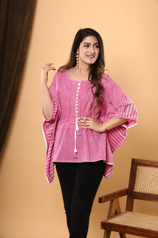 Pink Sanganeri Bliss: Jaipuri Daabu Printed Cotton Kaftan