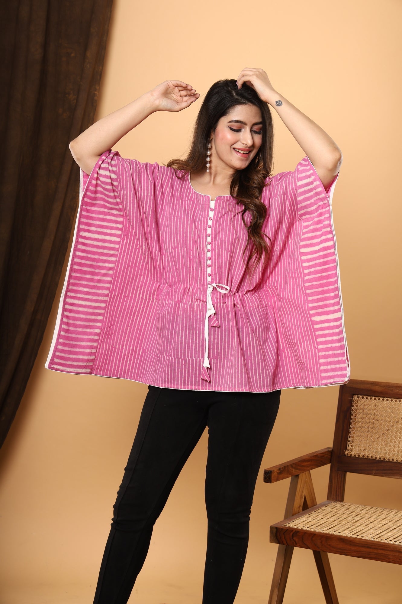 Pink Sanganeri Bliss: Jaipuri Daabu Printed Cotton Kaftan