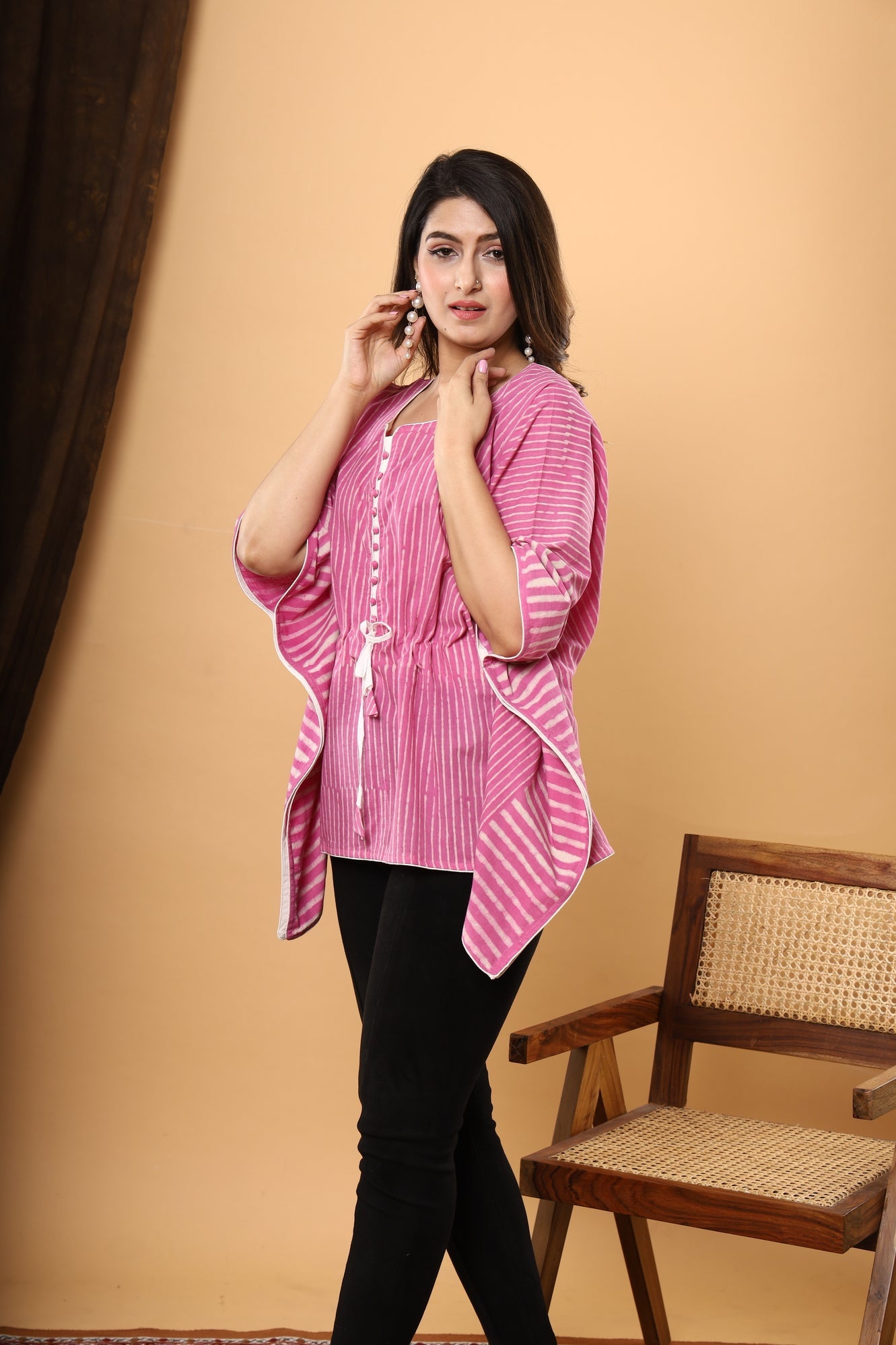 Pink Sanganeri Bliss: Jaipuri Daabu Printed Cotton Kaftan