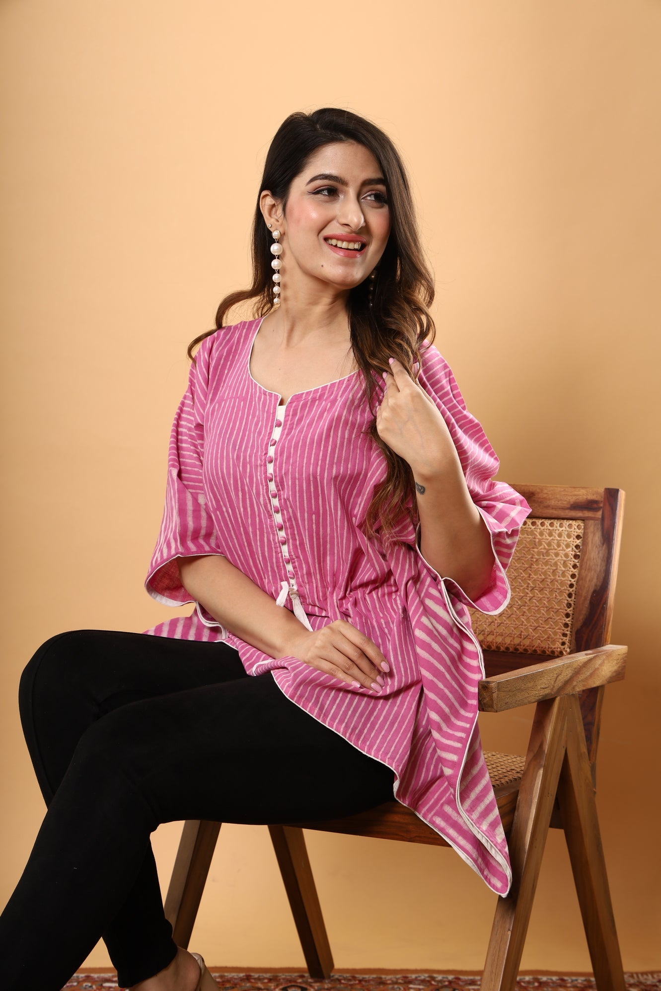 Pink Sanganeri Bliss: Jaipuri Daabu Printed Cotton Kaftan