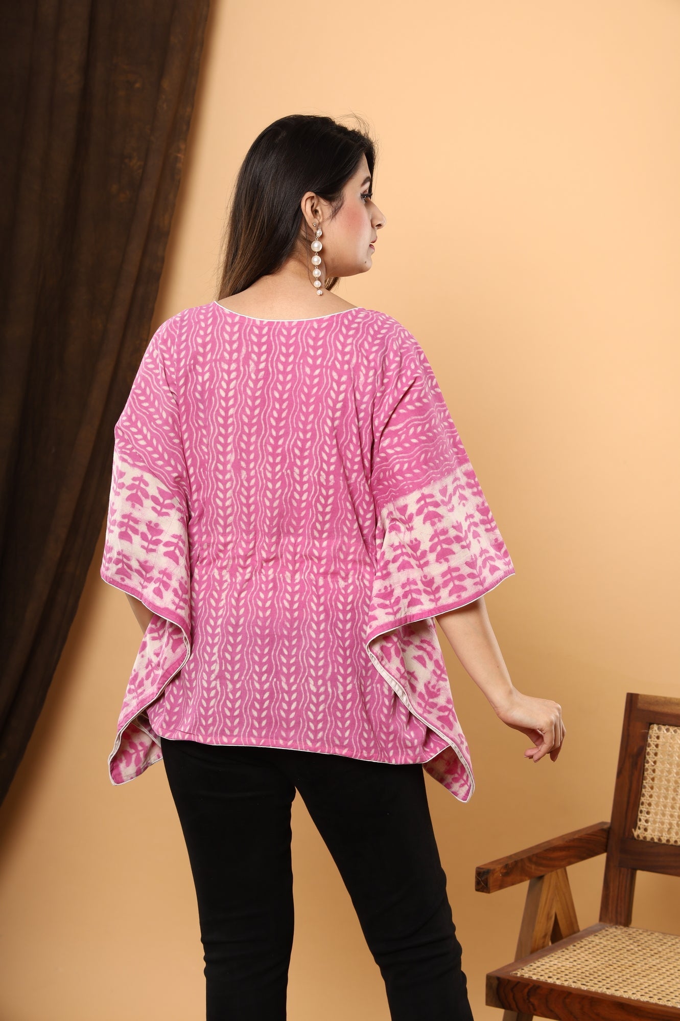 Pink Blossom Kaftan: Jaipuri Daabu Block Print in Floral Cotton