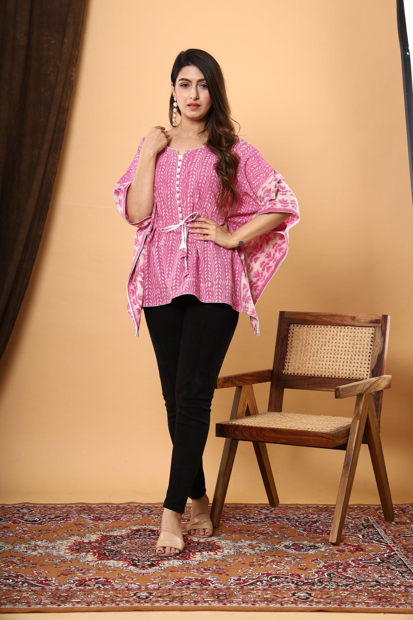 Pink Blossom Kaftan: Jaipuri Daabu Block Print in Floral Cotton