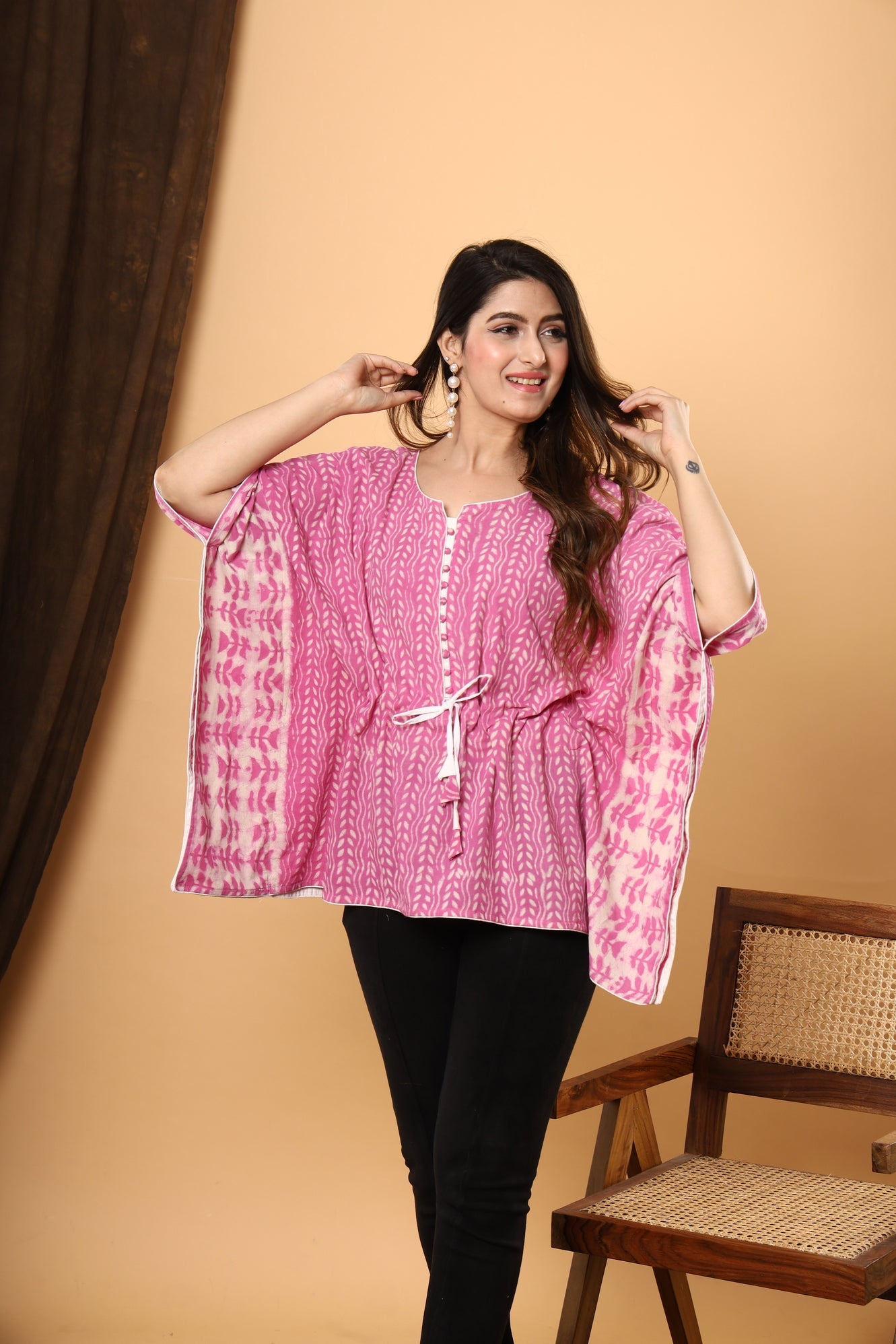 Pink Blossom Kaftan: Jaipuri Daabu Block Print in Floral Cotton