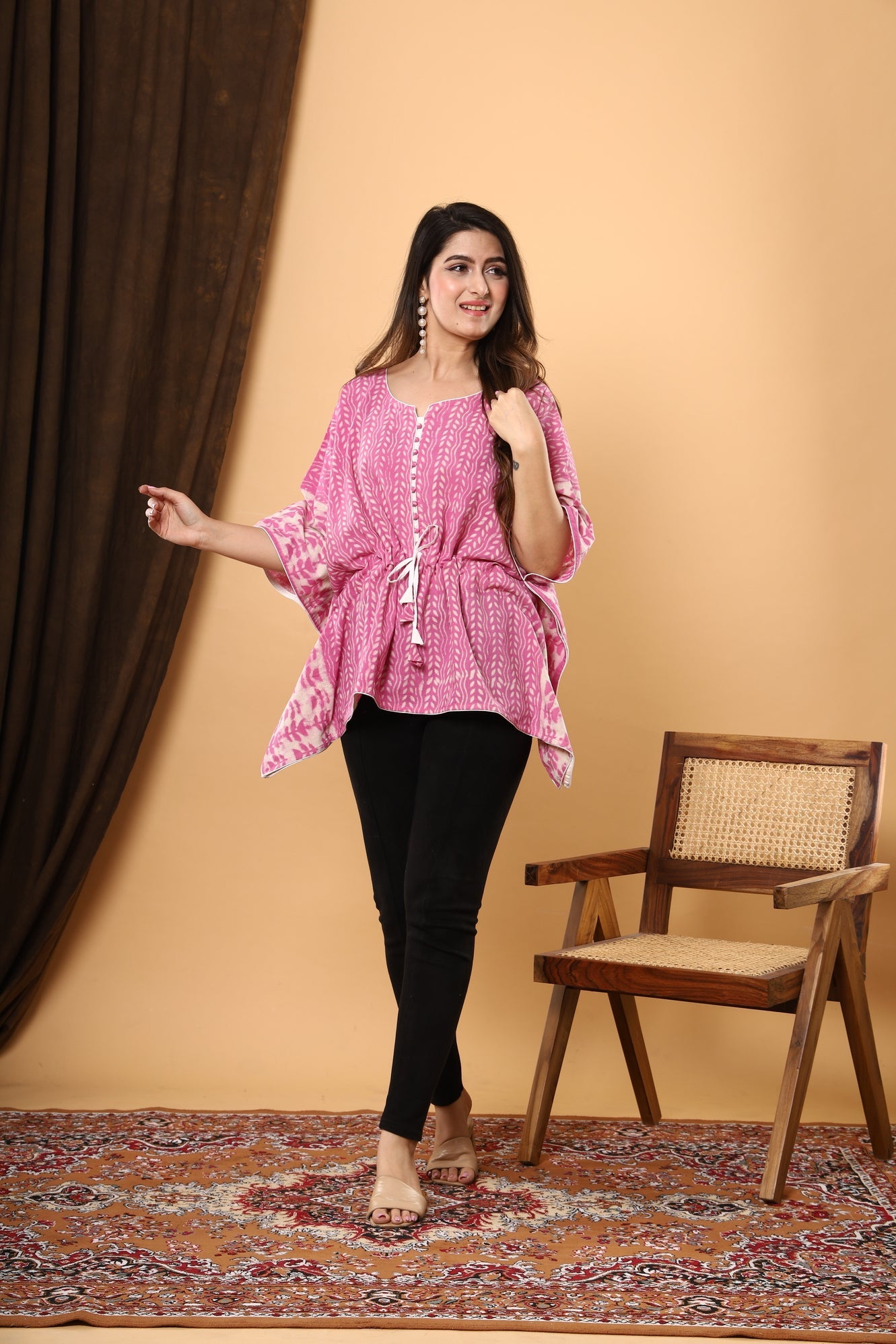 Pink Blossom Kaftan: Jaipuri Daabu Block Print in Floral Cotton