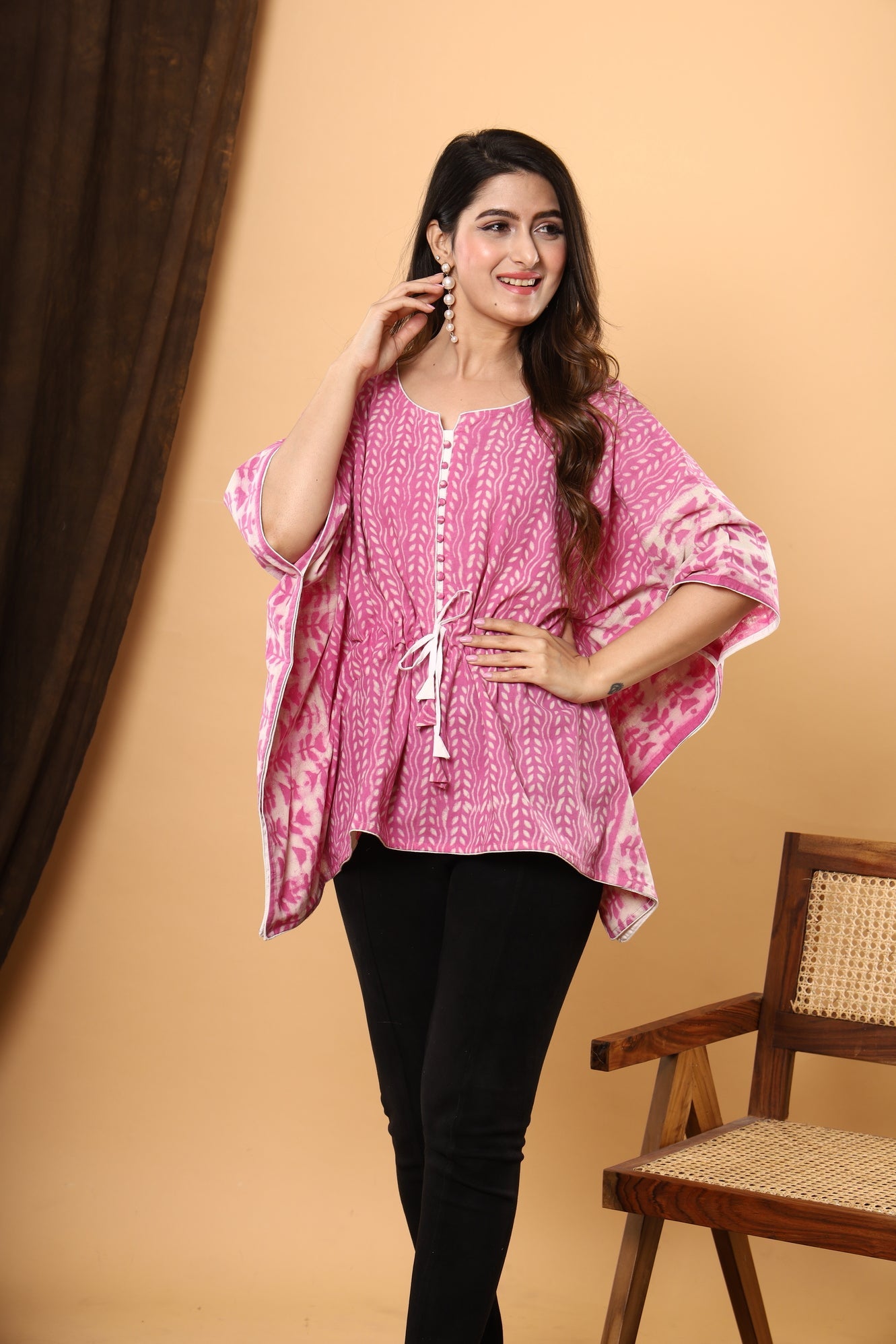 Pink Blossom Kaftan: Jaipuri Daabu Block Print in Floral Cotton