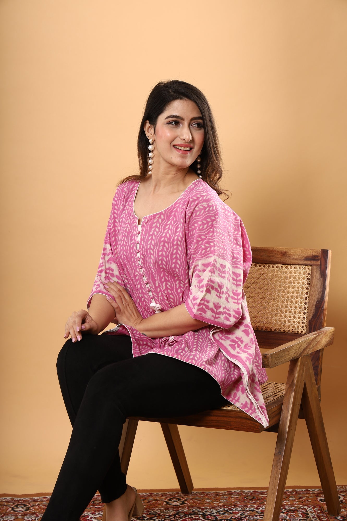 Pink Blossom Kaftan: Jaipuri Daabu Block Print in Floral Cotton