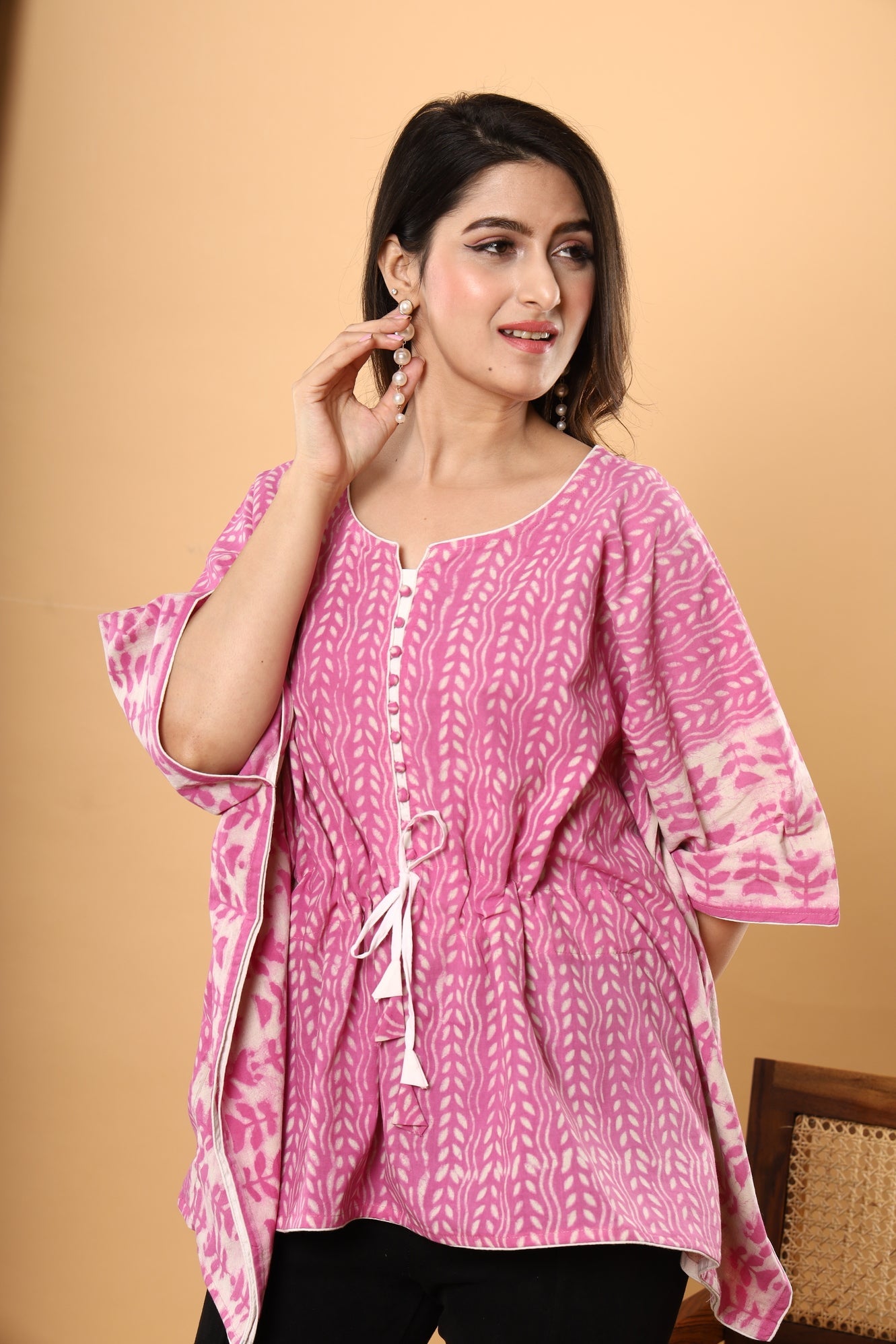 Pink Blossom Kaftan: Jaipuri Daabu Block Print in Floral Cotton