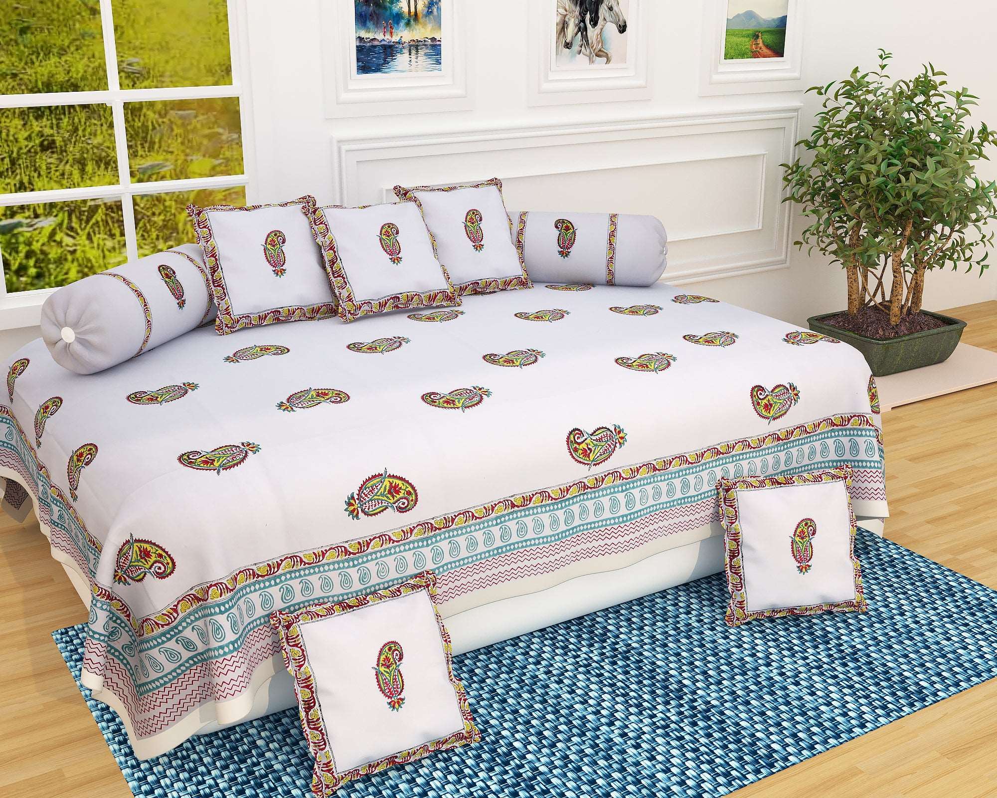 Boota Print Sanganeri White Diwan Set: Elegant Comfort for Your Living Space