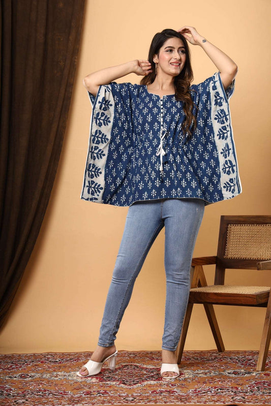 Indigo Blooms: Floral Jaipuri Print Cotton Kaftan