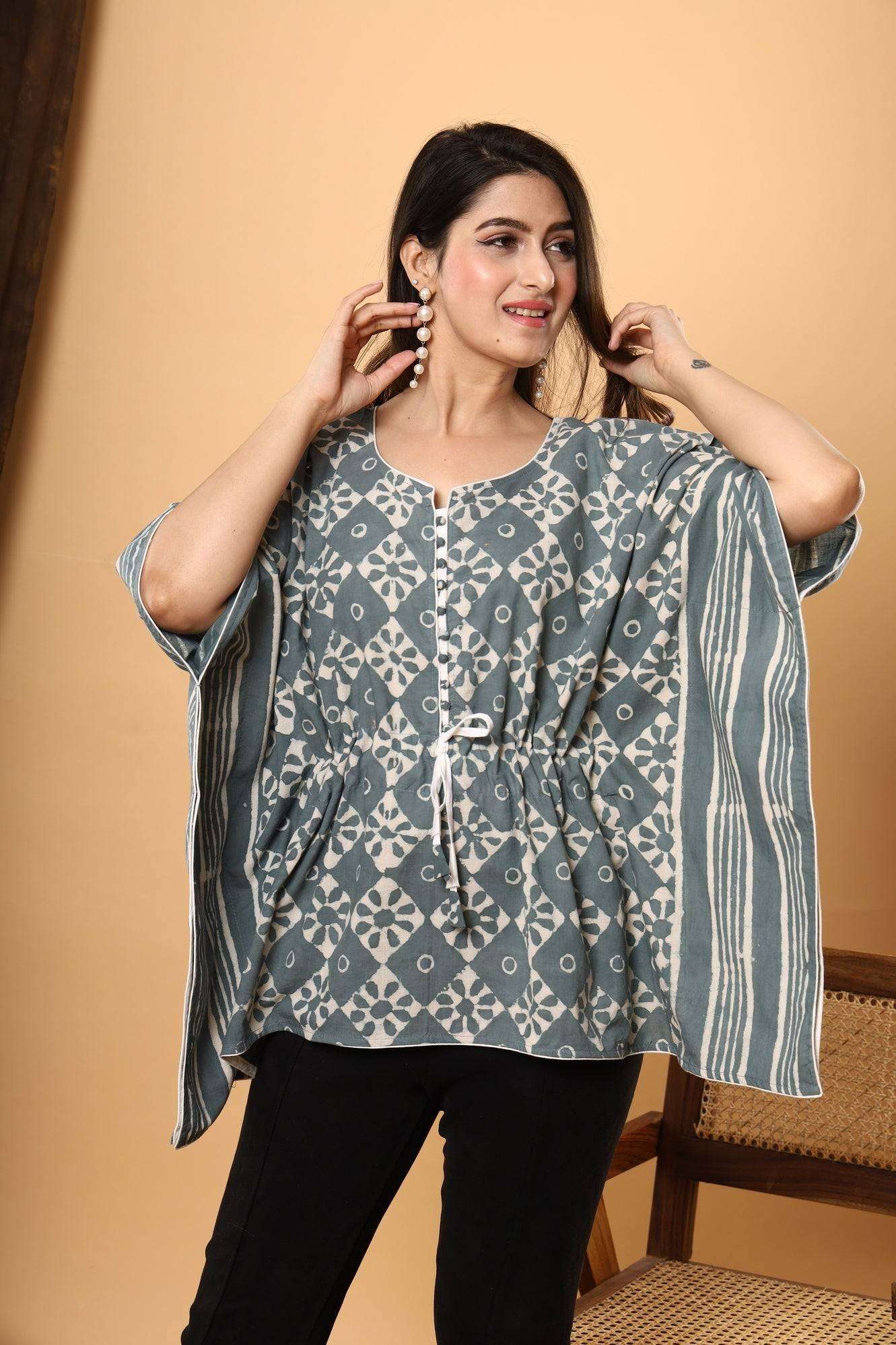 Grey Gardens: Jaipuri Cotton Kaftan with Daabu Block Floral Print