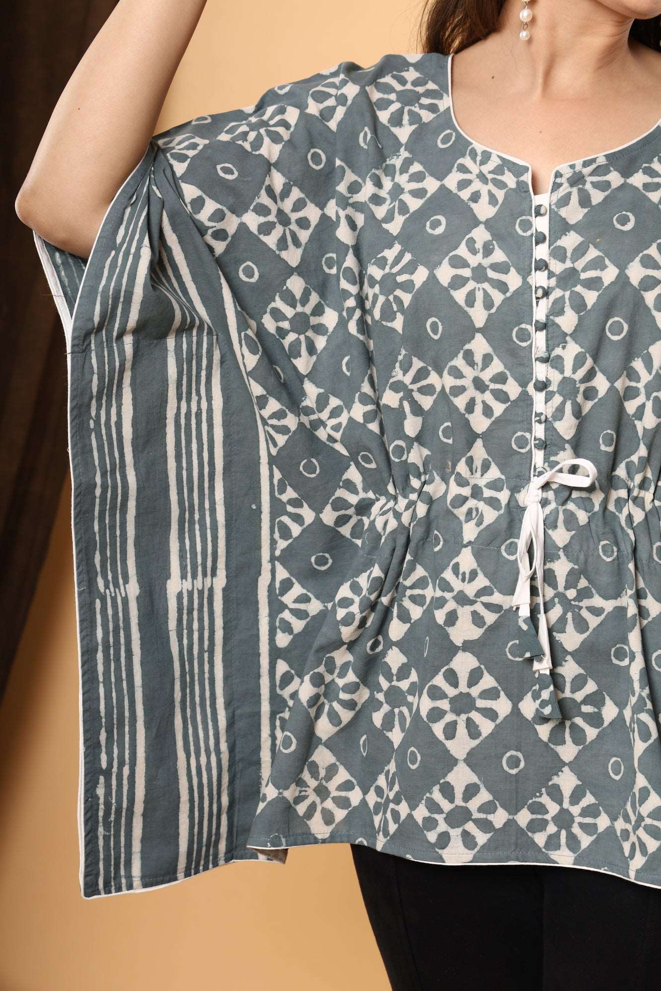 Grey Gardens: Jaipuri Cotton Kaftan with Daabu Block Floral Print