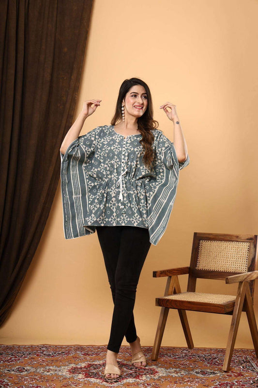 Grey Gardens: Jaipuri Cotton Kaftan with Daabu Block Floral Print