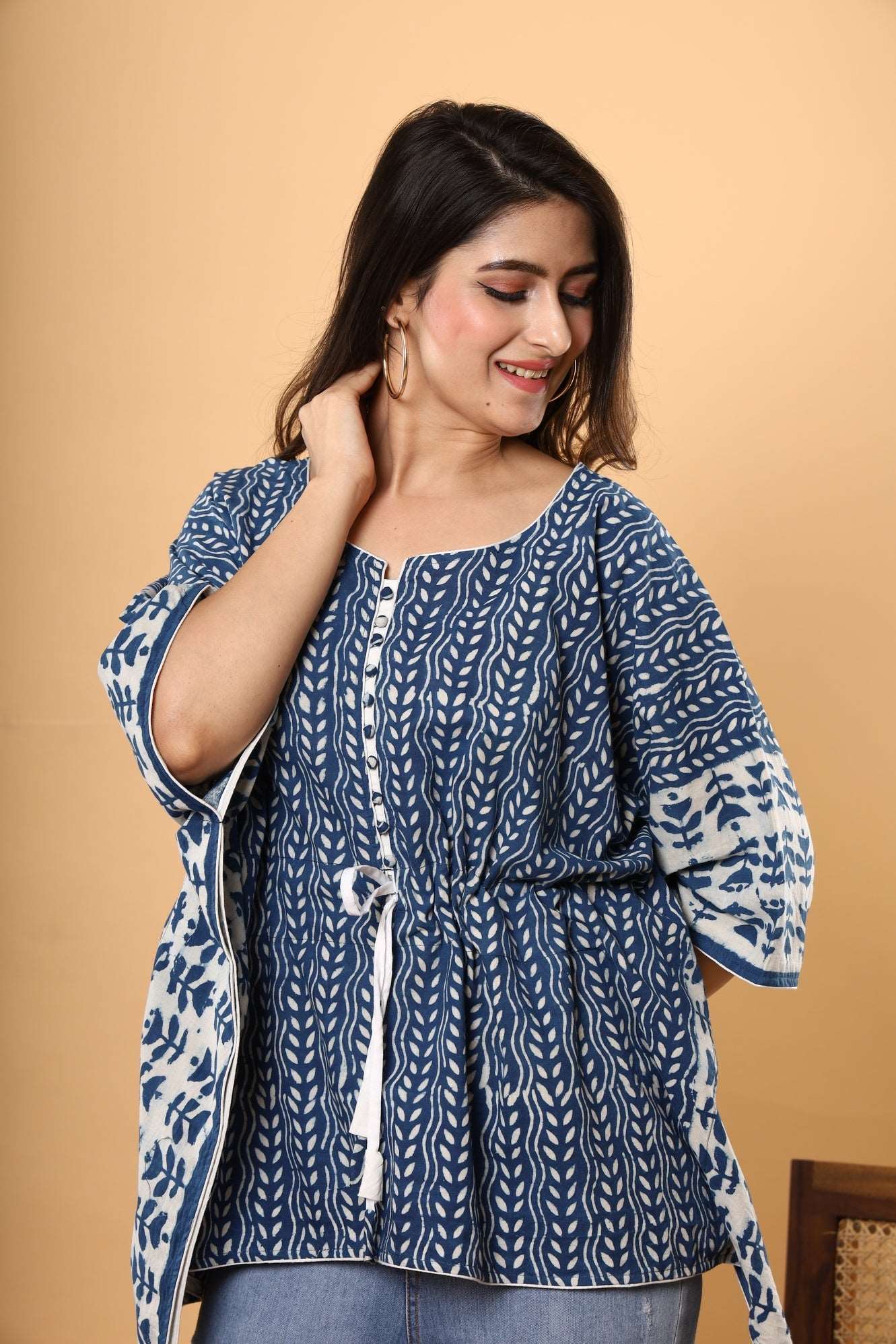 Indigo Floral Bliss: Jaipuri Print Cotton Kaftan with Booti Design