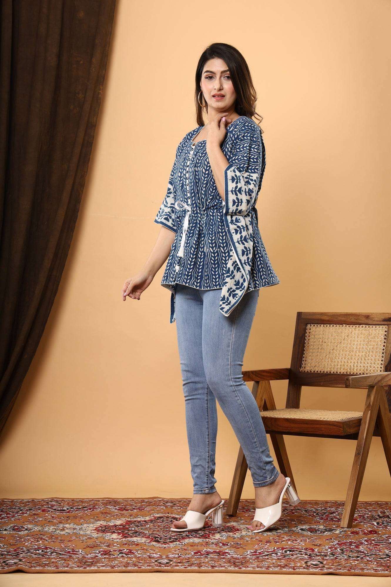 Indigo Floral Bliss: Jaipuri Print Cotton Kaftan with Booti Design