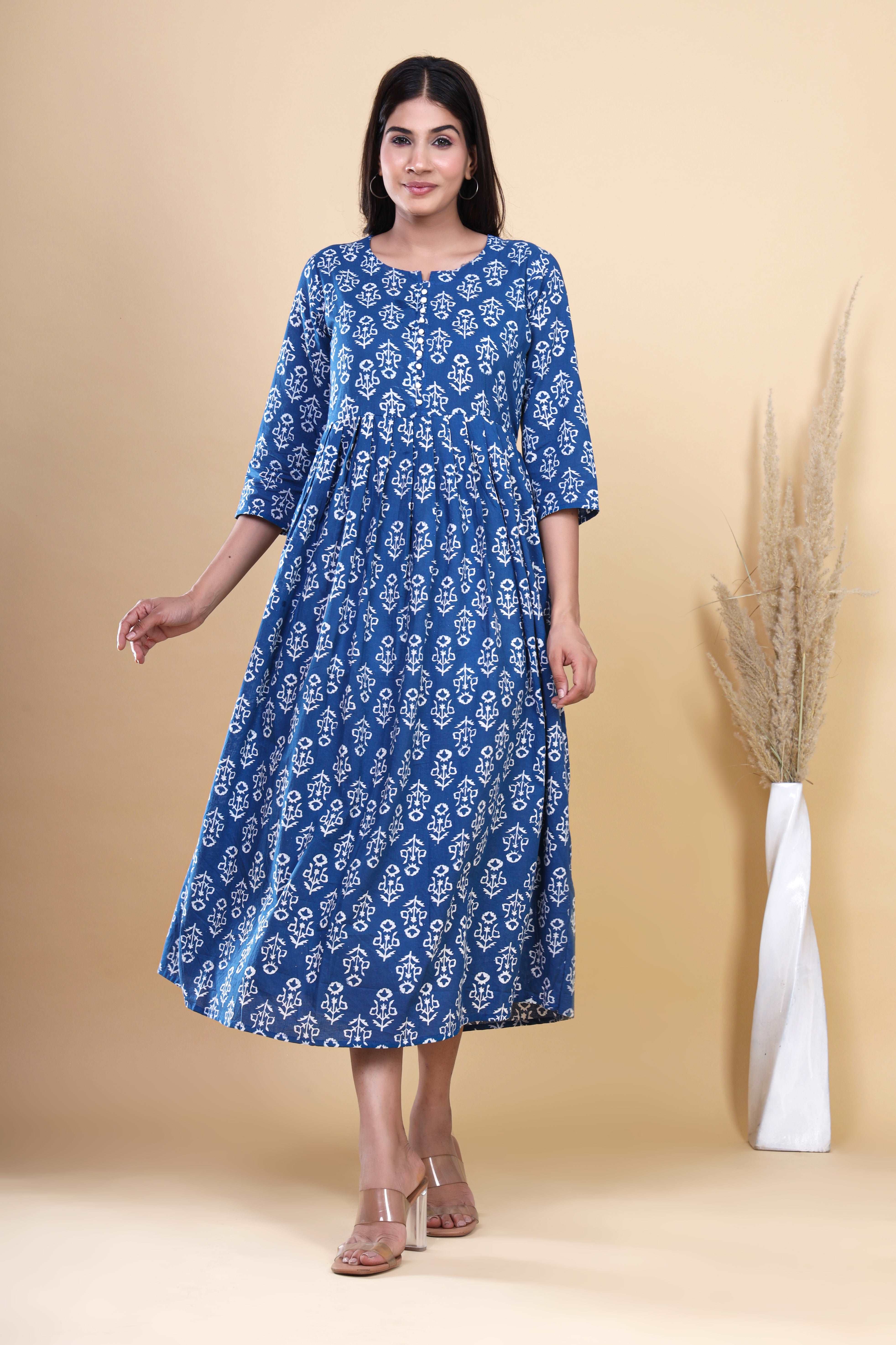 Indigo Blooms: Handblock Printed Cotton Long Kurti with Pocket