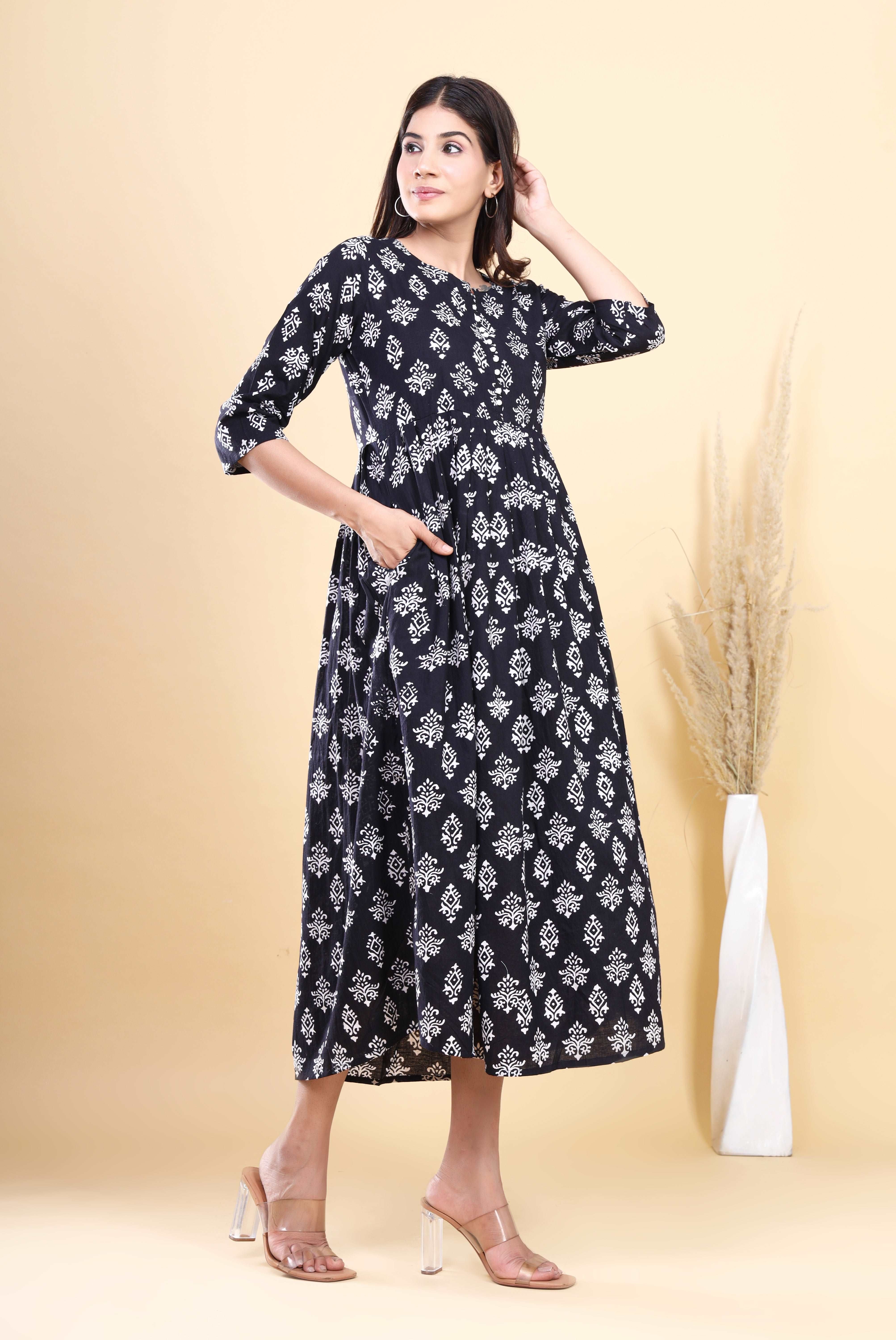 Chic Black and White HandBlock Printed Cotton Long Kurti with Block Print Design and Handy Pocket