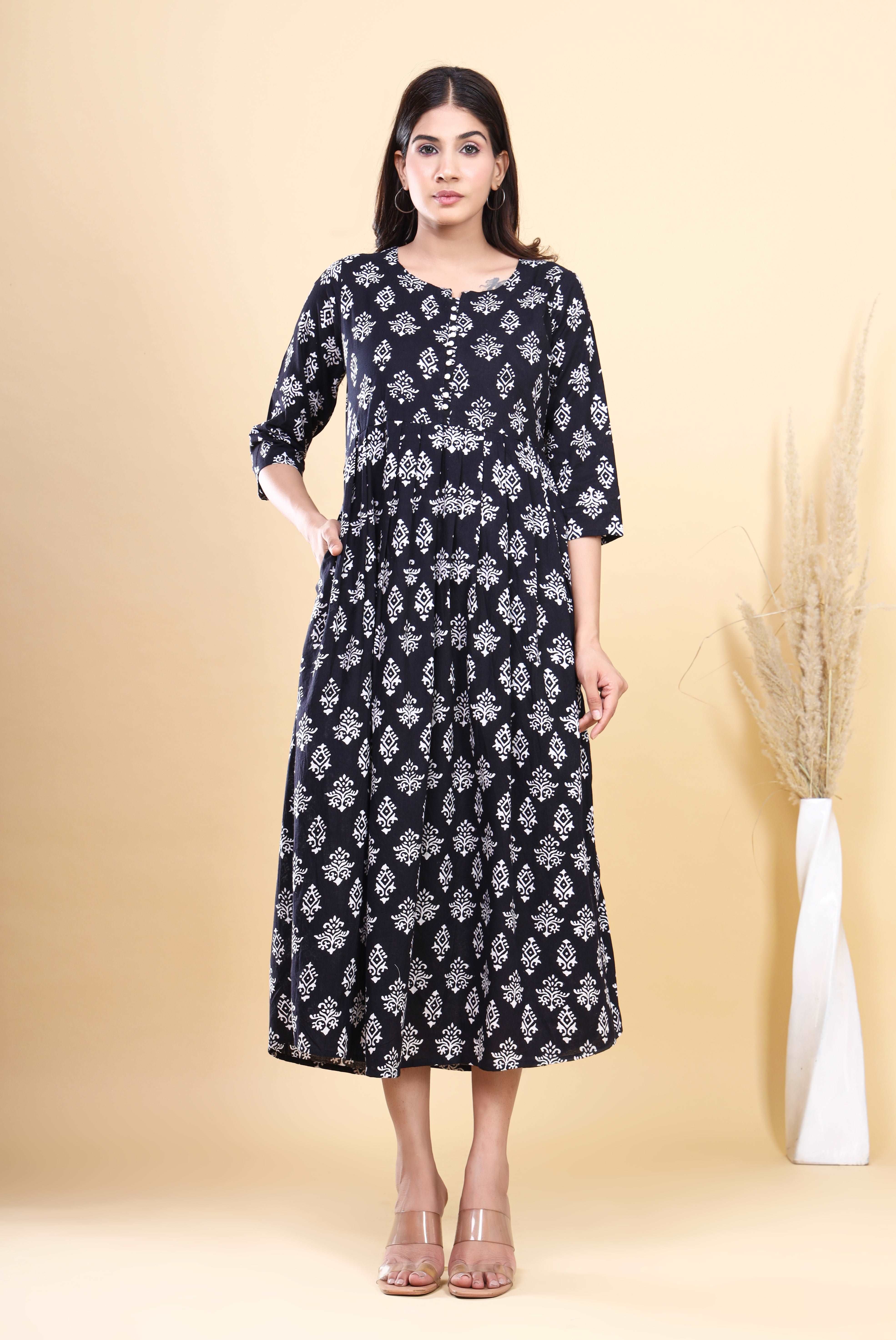 Chic Black and White HandBlock Printed Cotton Long Kurti with Block Print Design and Handy Pocket