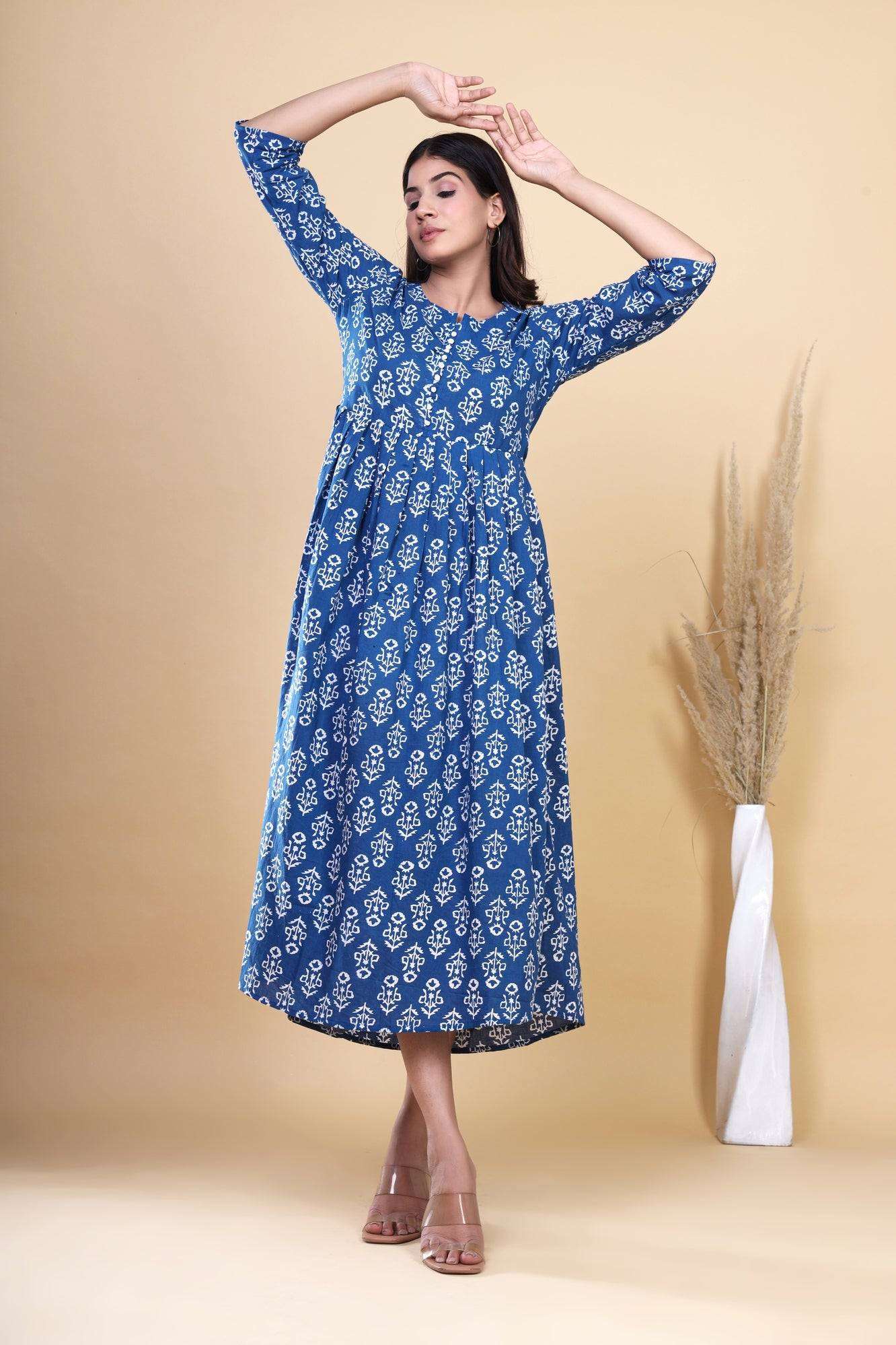 Indigo Blooms: Handblock Printed Cotton Long Kurti with Pocket