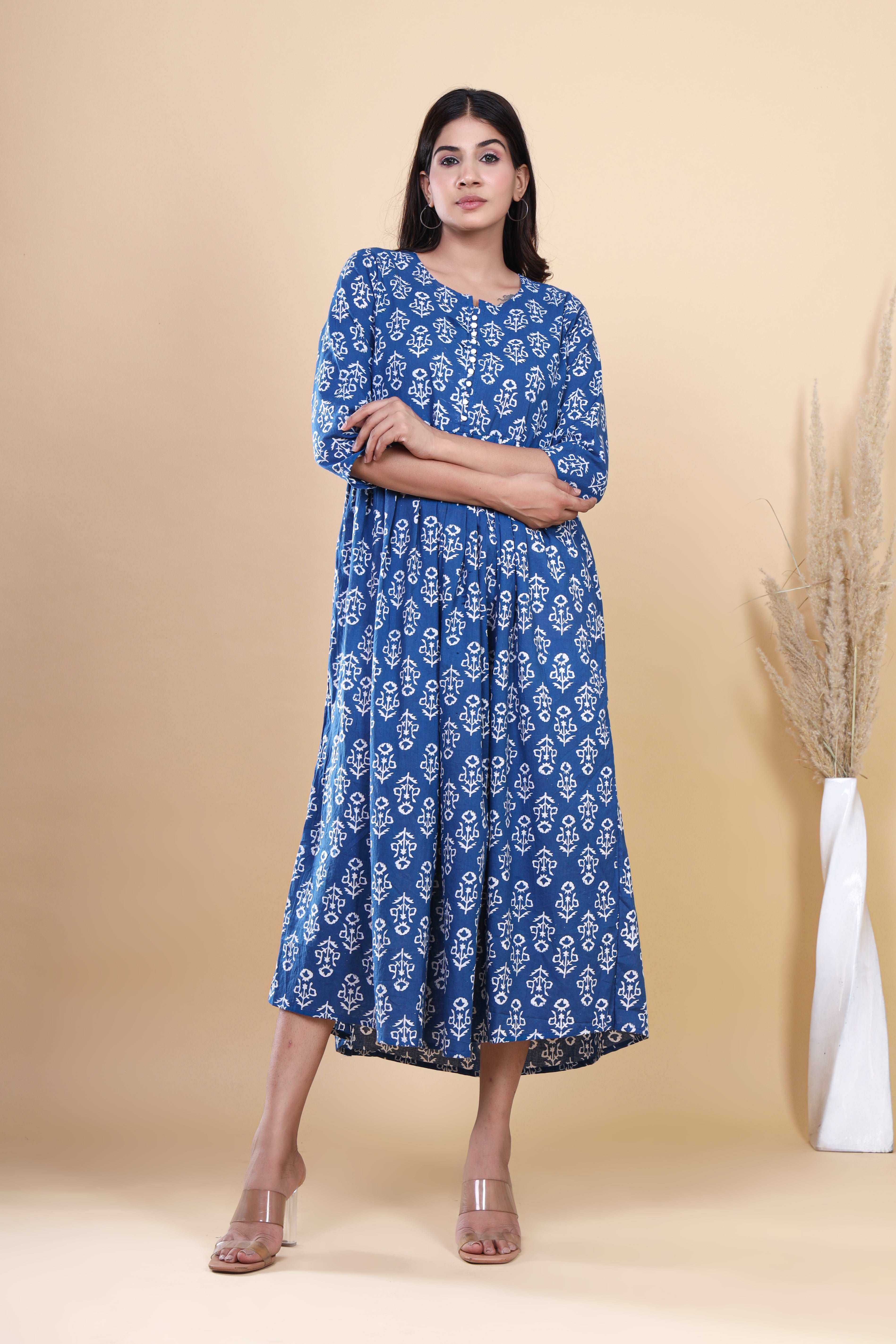 Indigo Blooms: Handblock Printed Cotton Long Kurti with Pocket