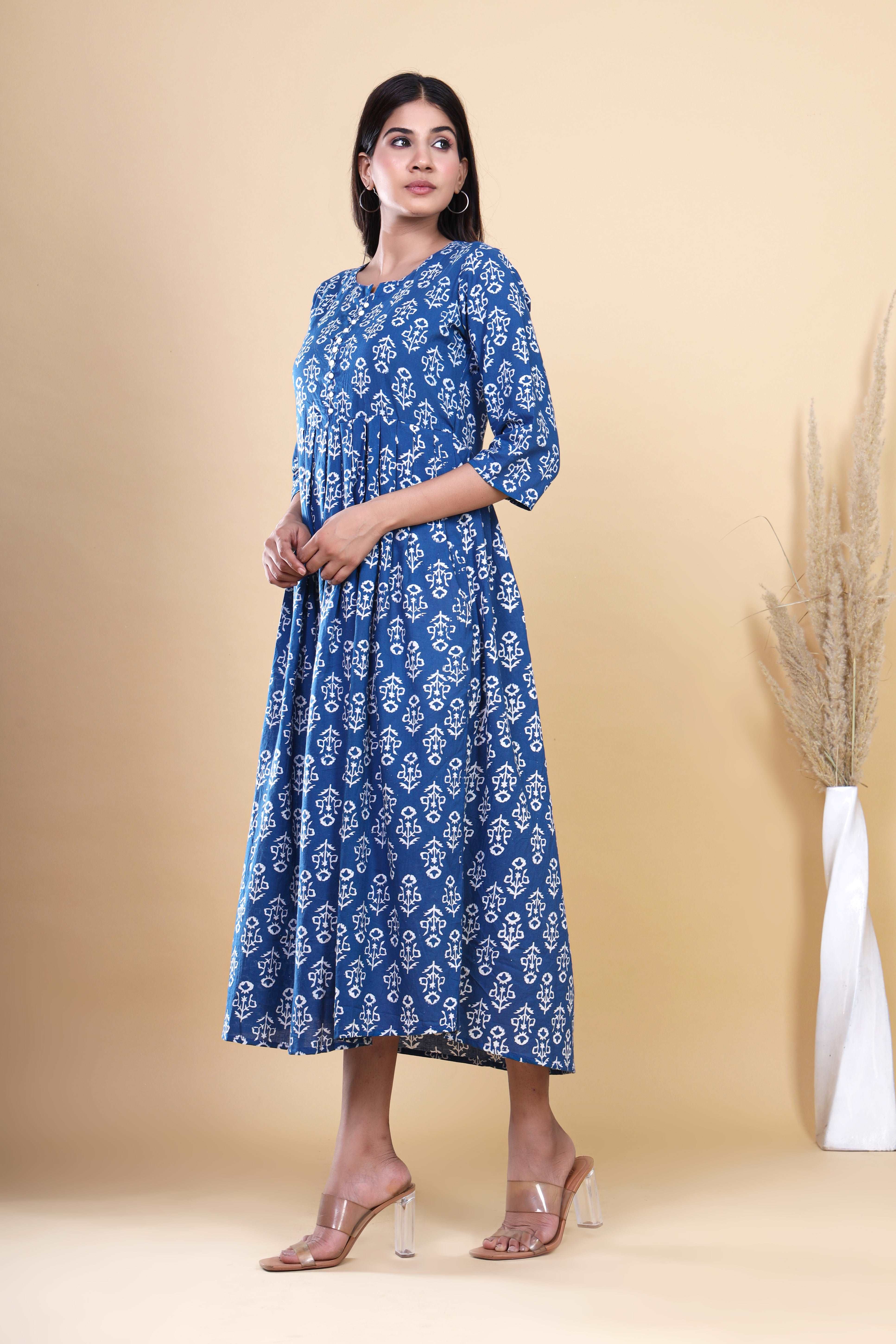 Indigo Blooms: Handblock Printed Cotton Long Kurti with Pocket