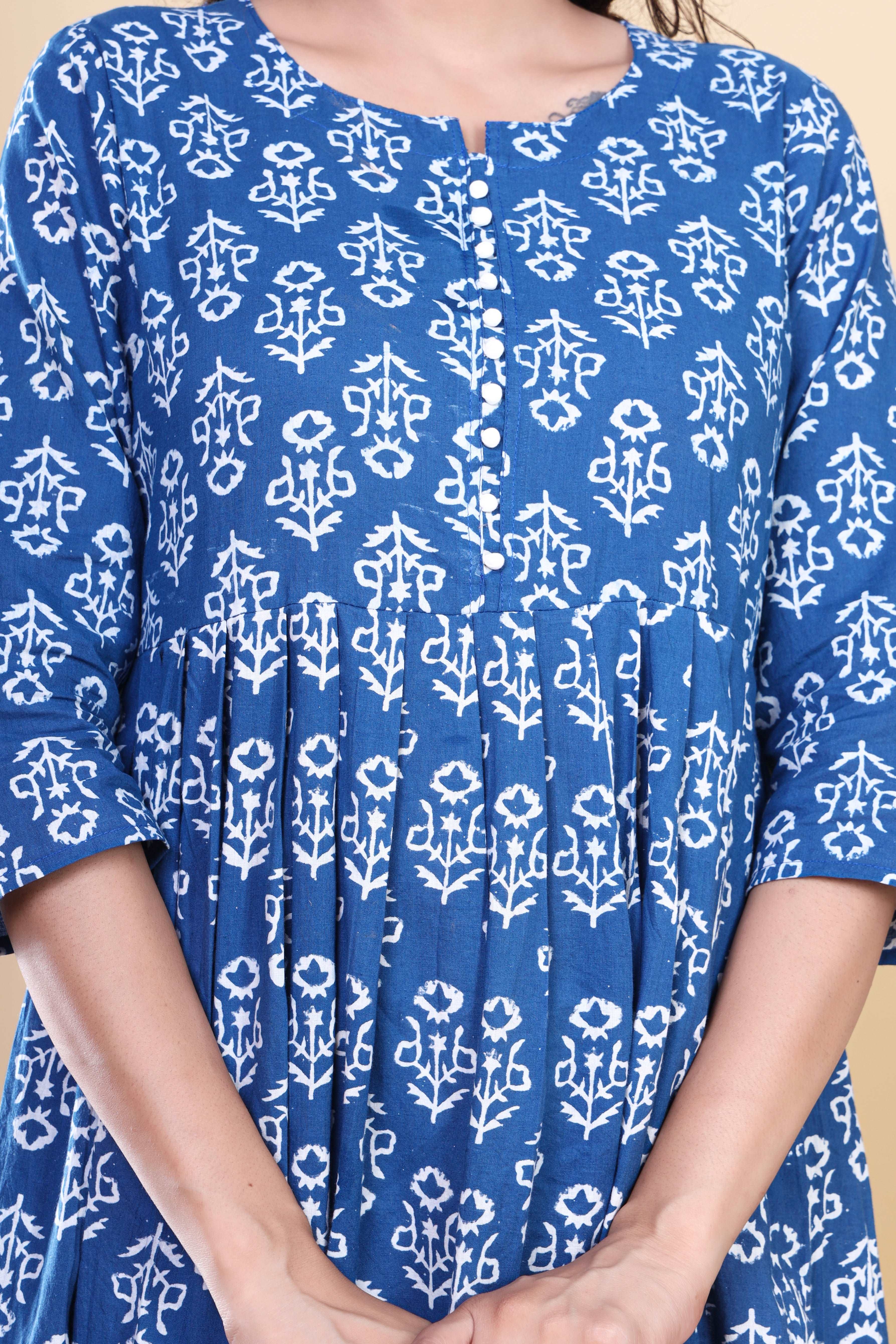 Indigo Blooms: Handblock Printed Cotton Long Kurti with Pocket