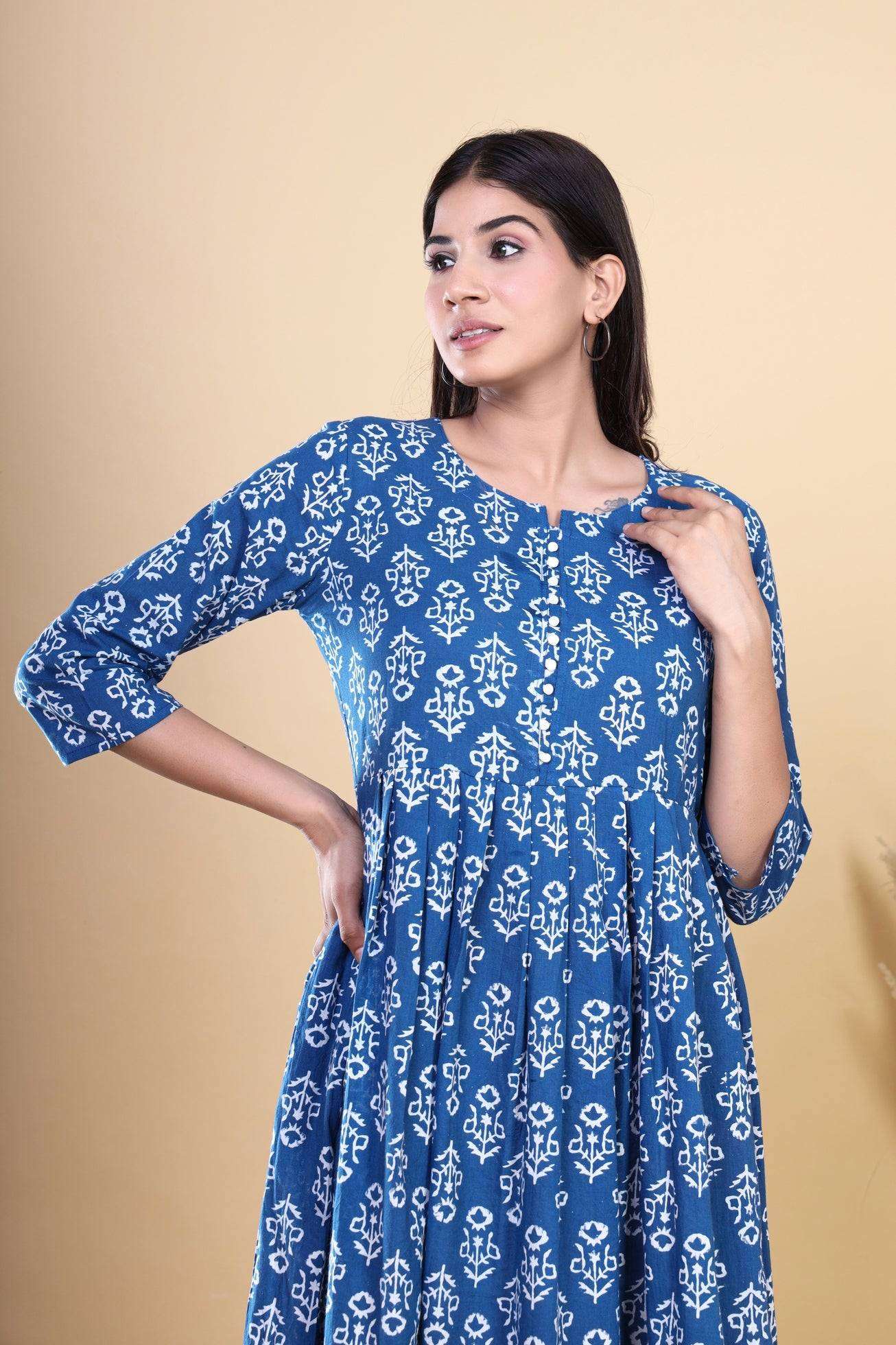 Indigo Blooms: Handblock Printed Cotton Long Kurti with Pocket