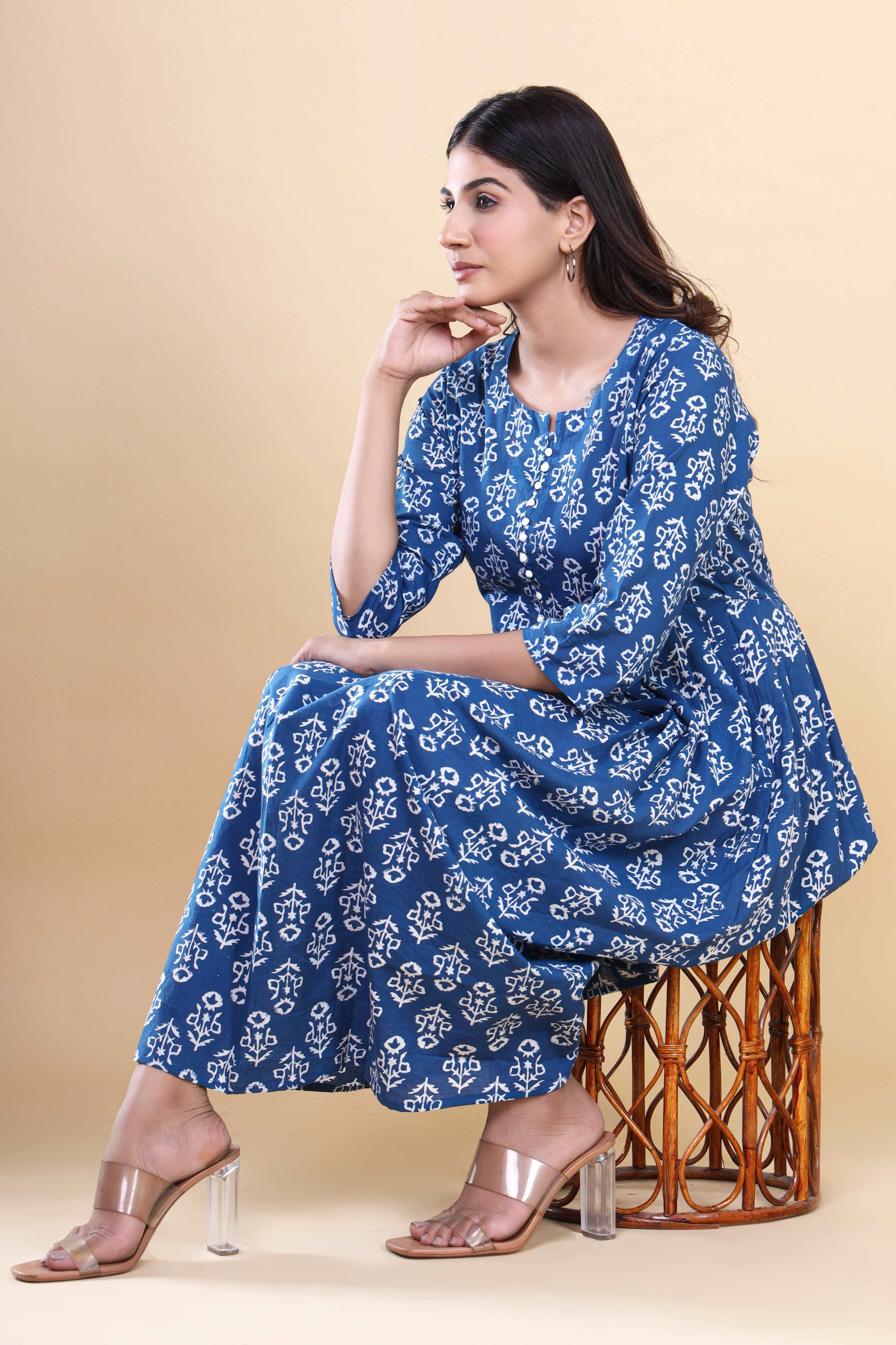 Indigo Blooms: Handblock Printed Cotton Long Kurti with Pocket