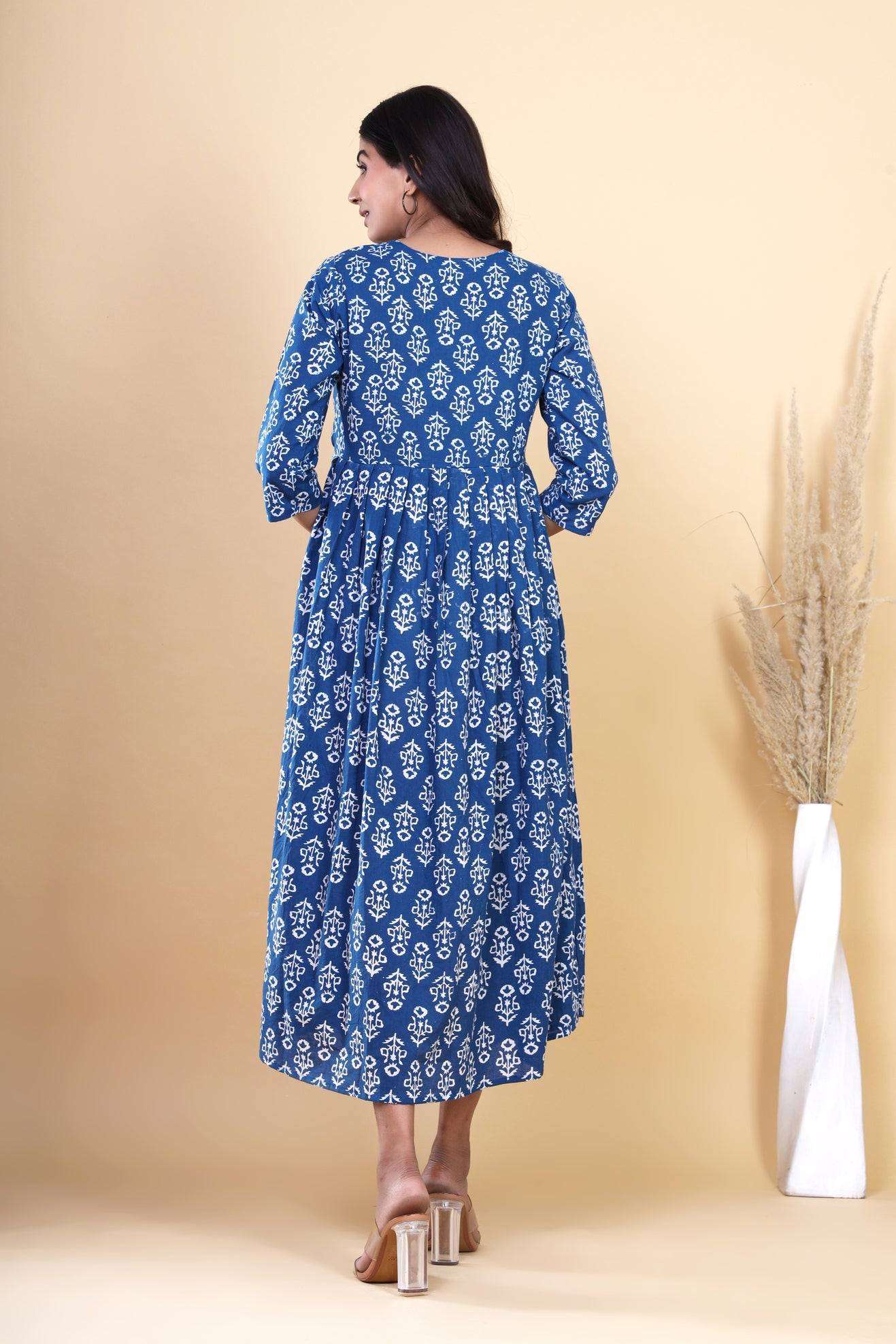 Indigo Blooms: Handblock Printed Cotton Long Kurti with Pocket