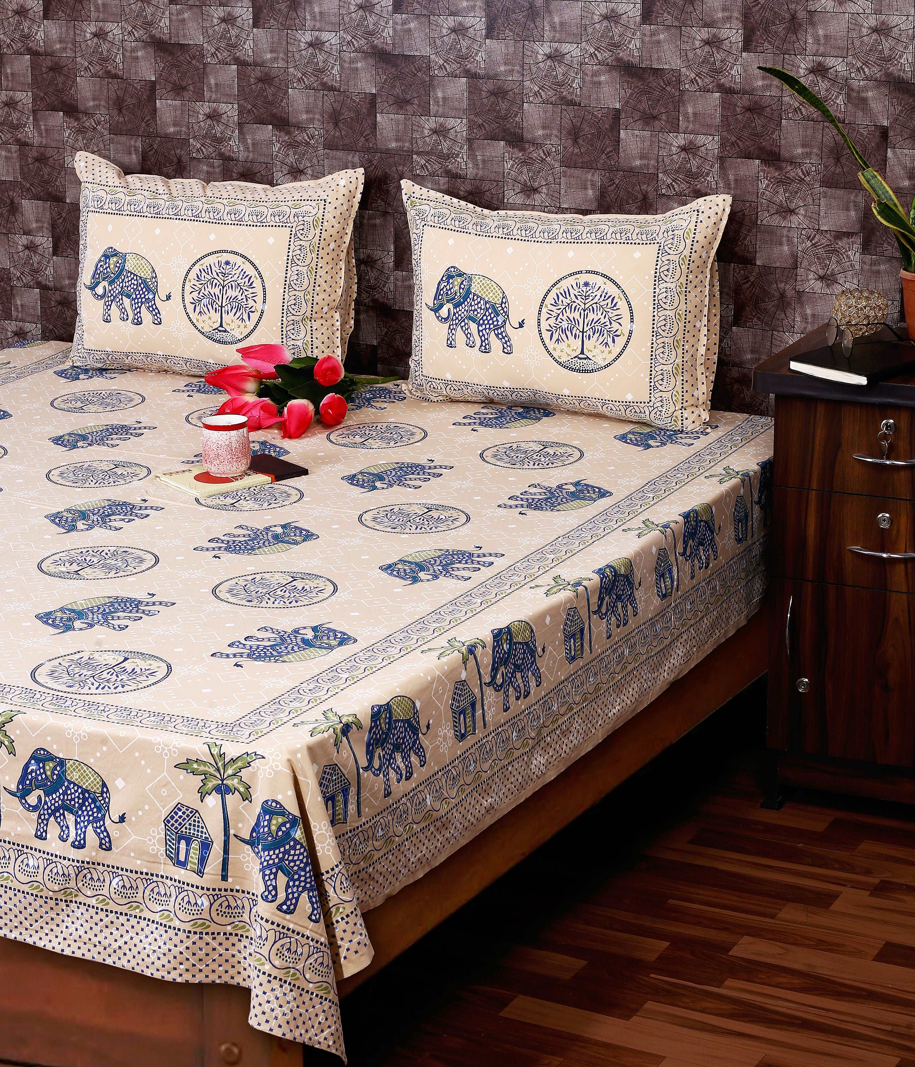 Indigo Sole Elephant Print King Size Cotton Bedsheet