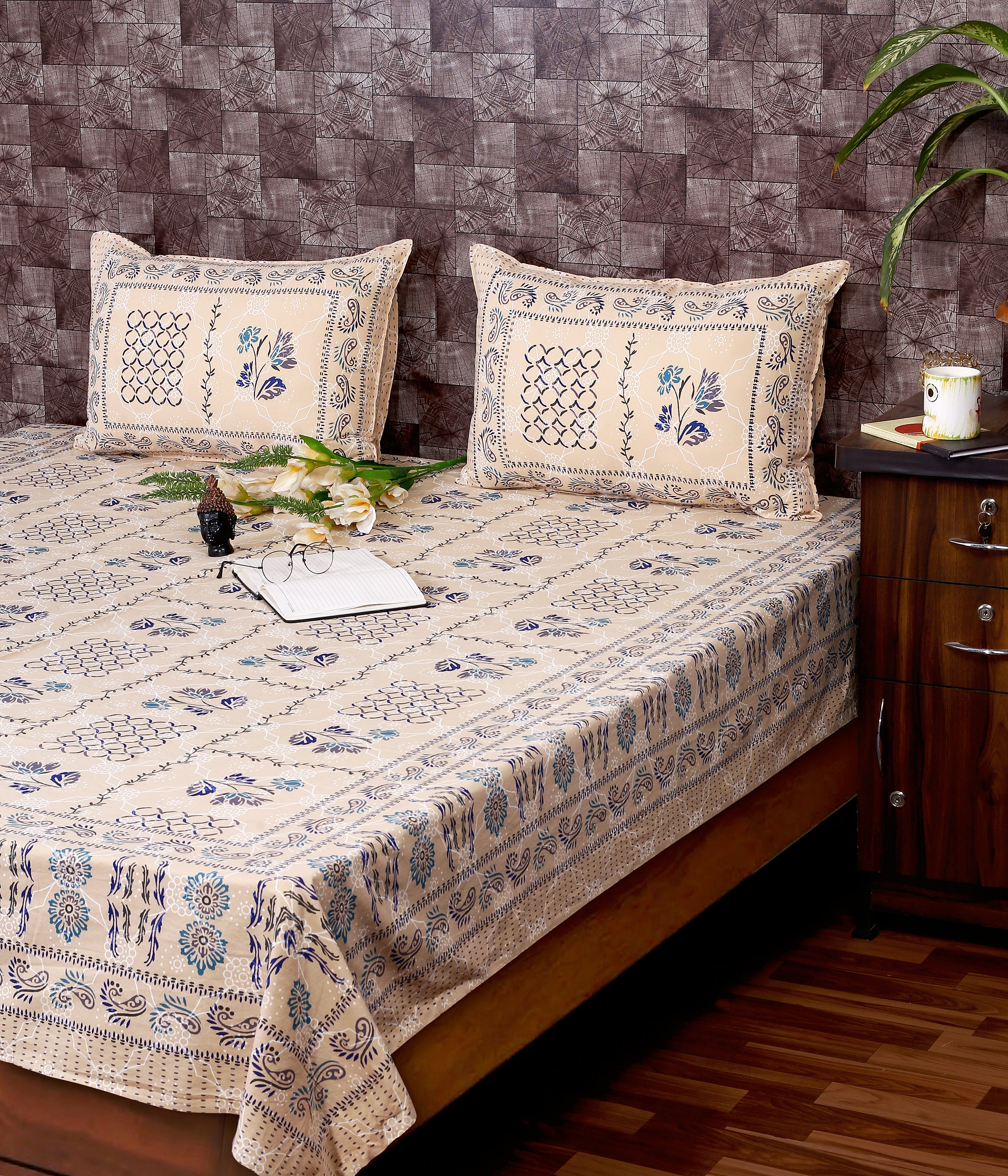 Material: Cotton Bagru Floral Printed Indigo Sole Bedsheet - King Size, For Home