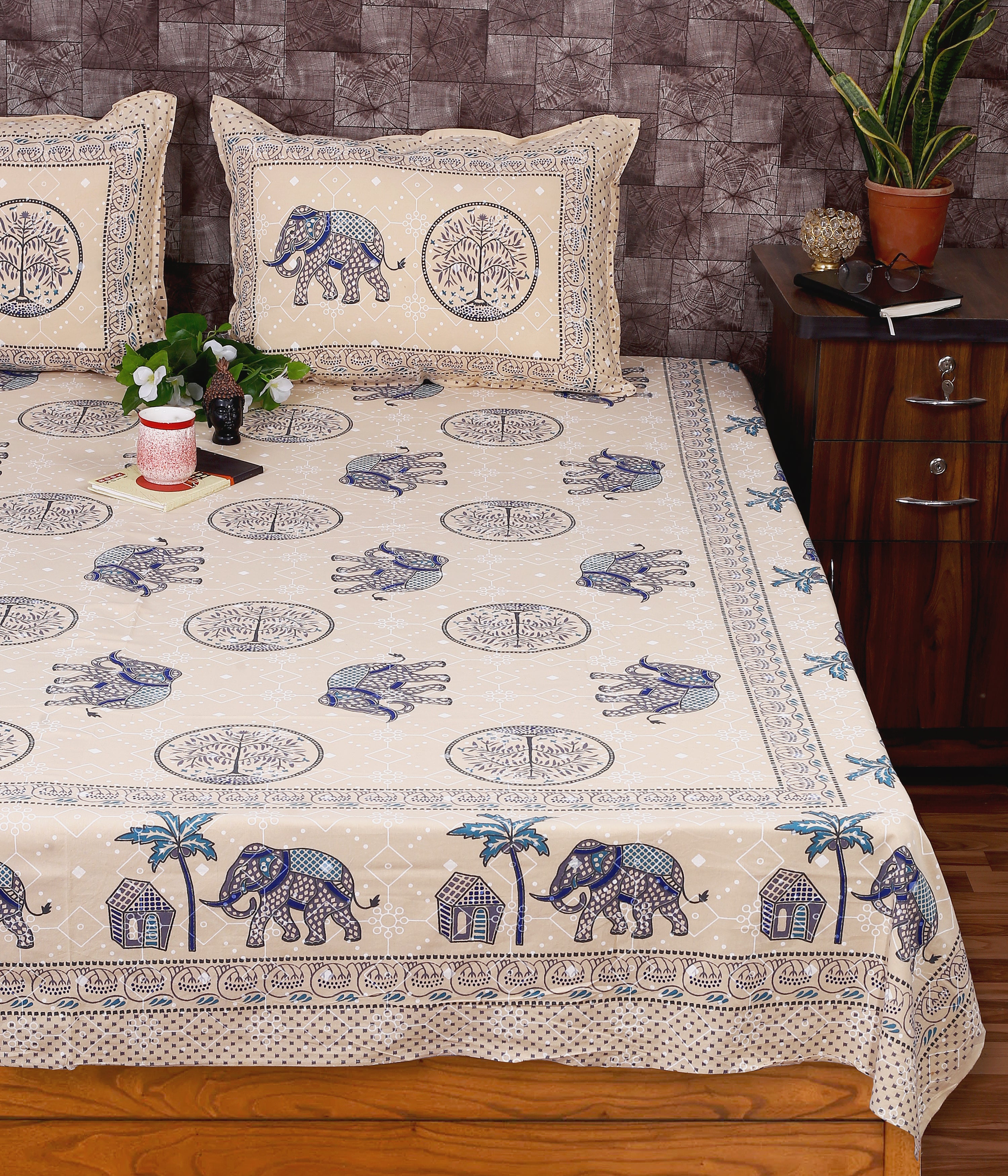 Material: Cotton Bagru Elephant Printed Indigo Sole King Size Bedsheet, For Hotel