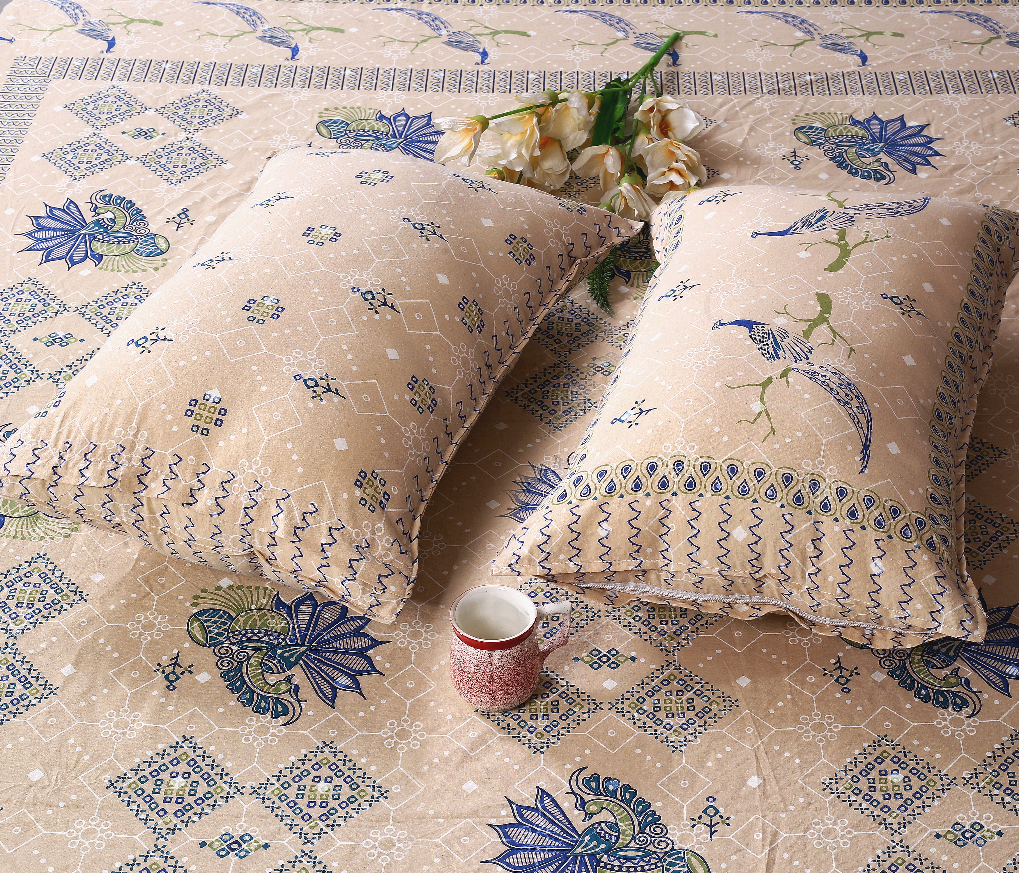 Srishti Textile's Bagru Indigo Peacock Bird Printed Cotton King Size Bedsheet in Cream