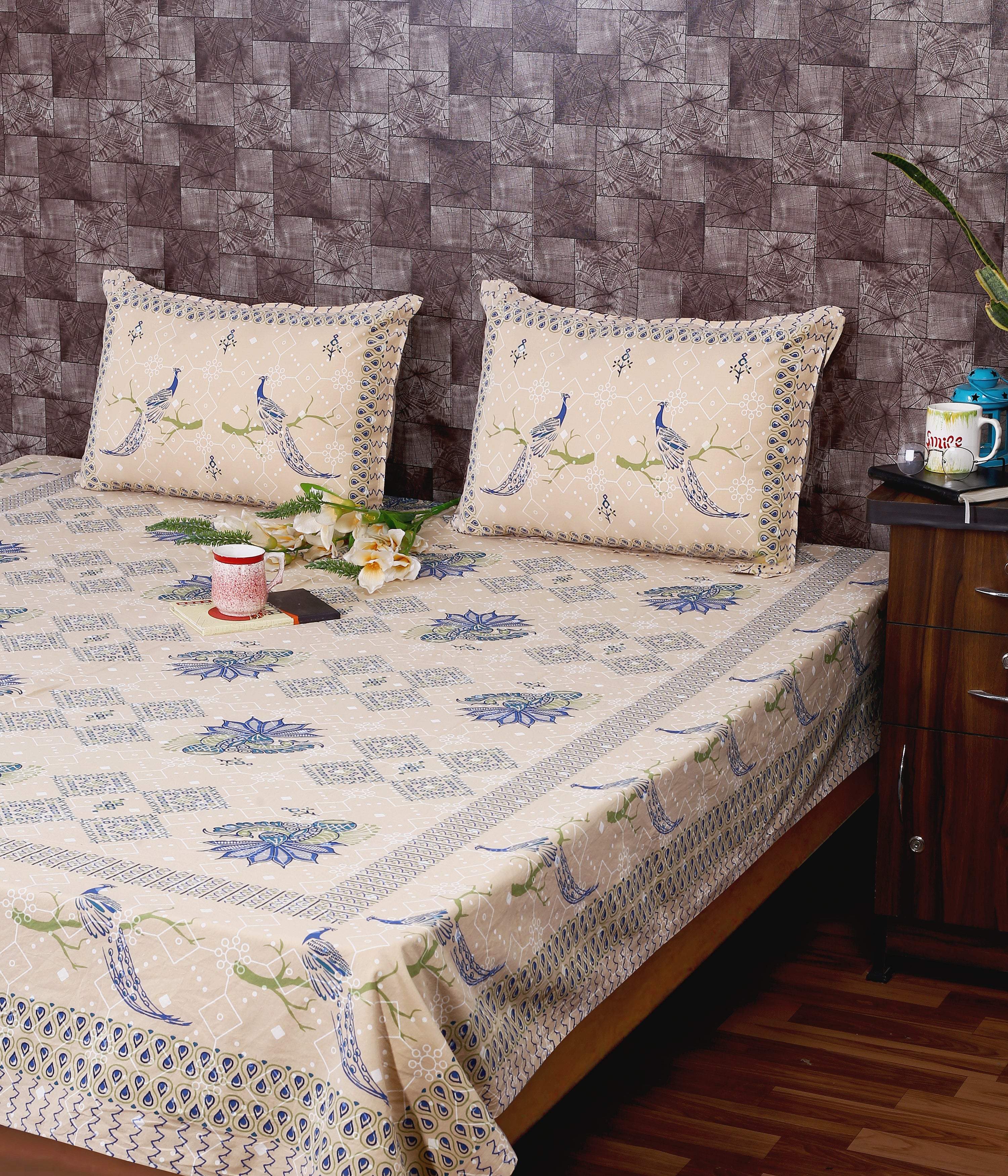 Srishti Textile's Bagru Indigo Peacock Bird Printed Cotton King Size Bedsheet in Cream