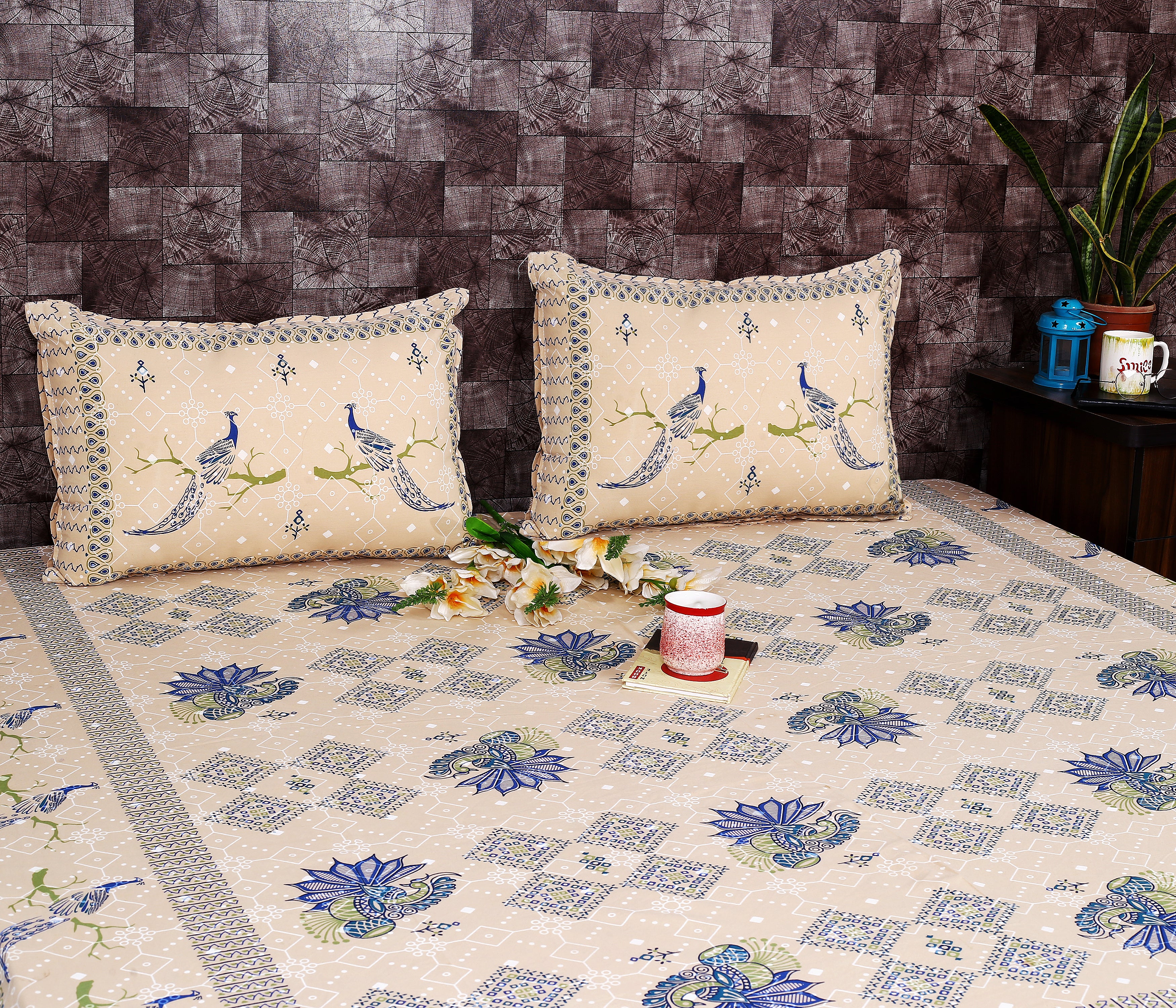 Srishti Textile's Bagru Indigo Peacock Bird Printed Cotton King Size Bedsheet in Cream