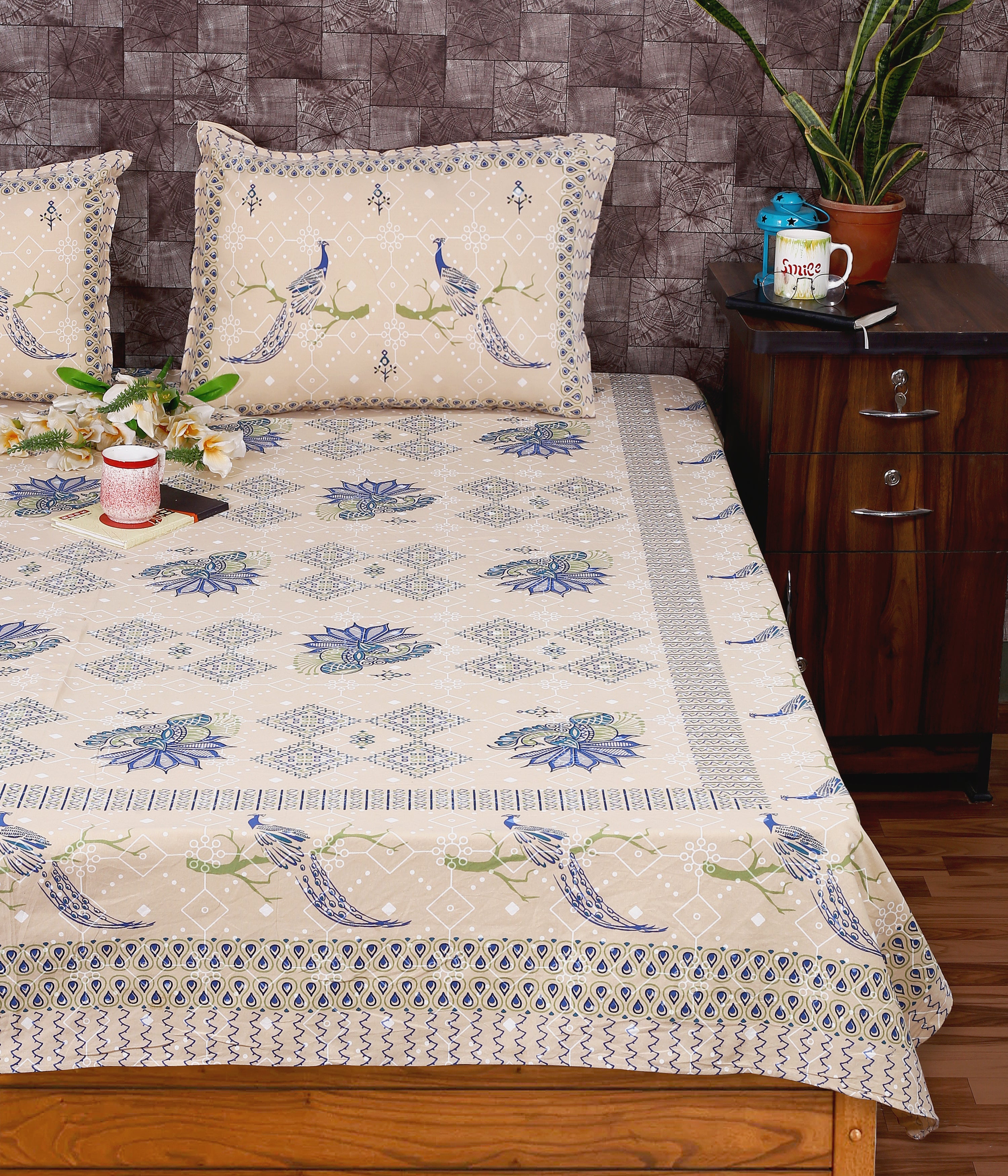 Srishti Textile's Bagru Indigo Peacock Bird Printed Cotton King Size Bedsheet in Cream