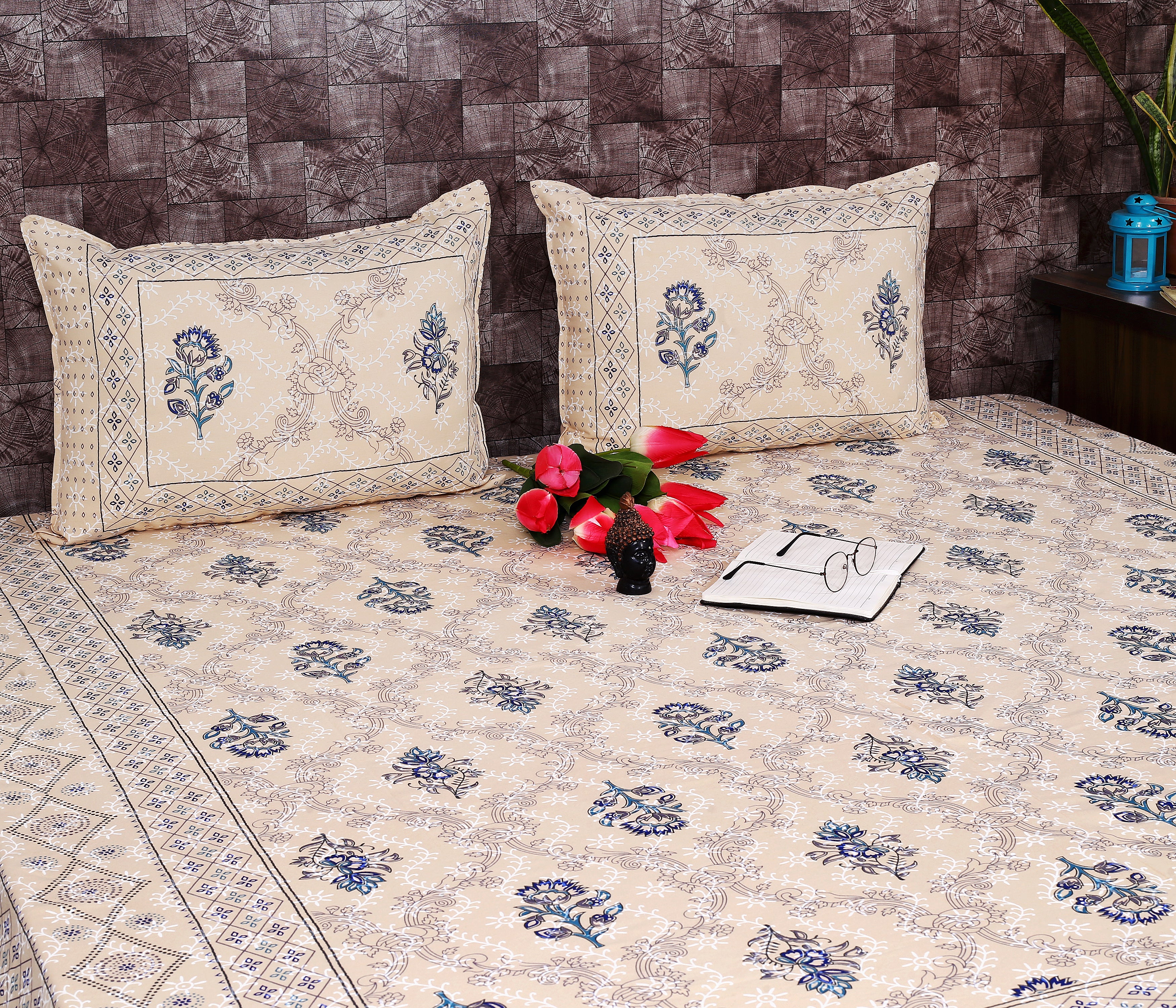 Srishti Textile's Bagru Floral Boota Printed Indigo Sole King Size Cotton Bedsheet in Cream