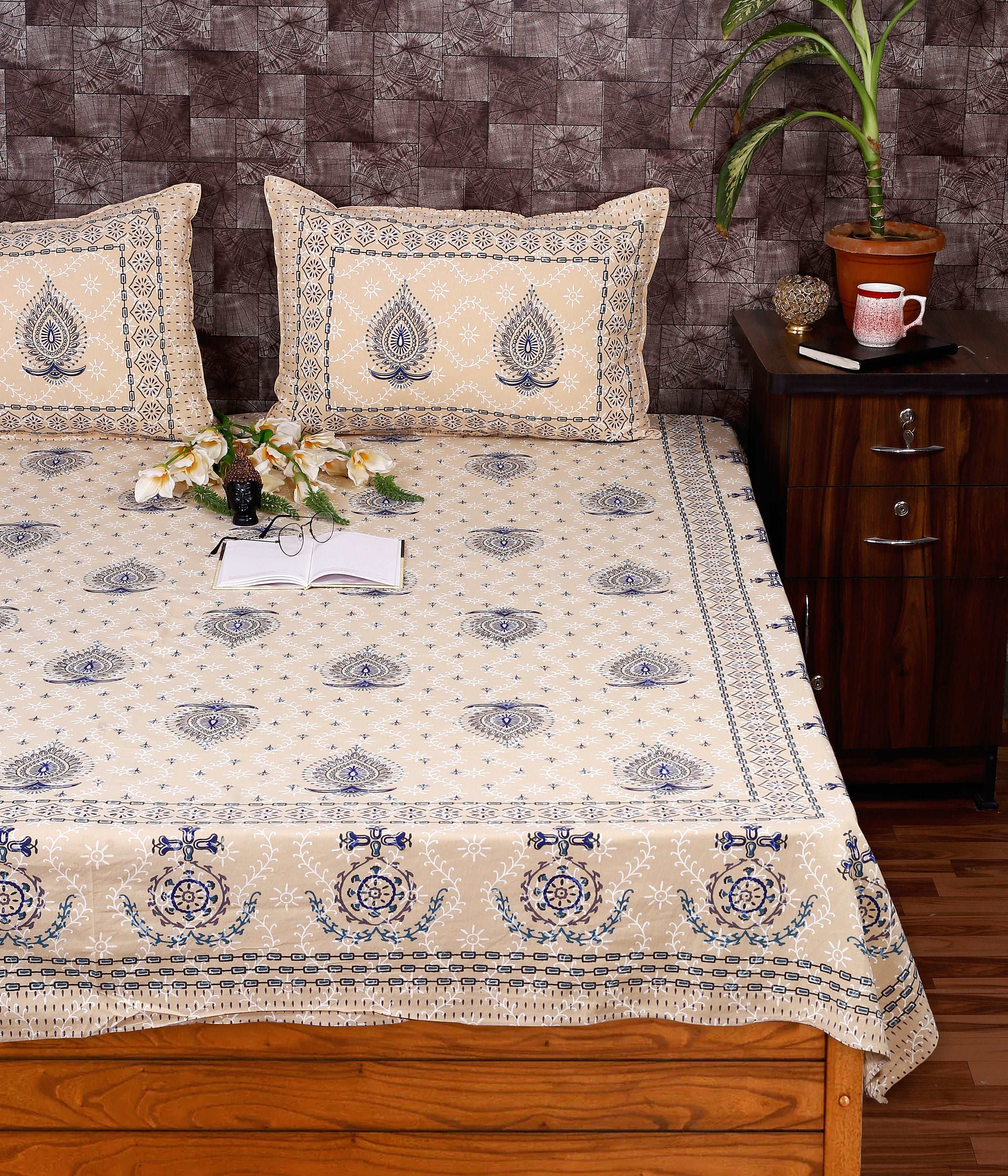 Indigo Harmony: Bagru Floral Boota King Size Cotton Bedsheet