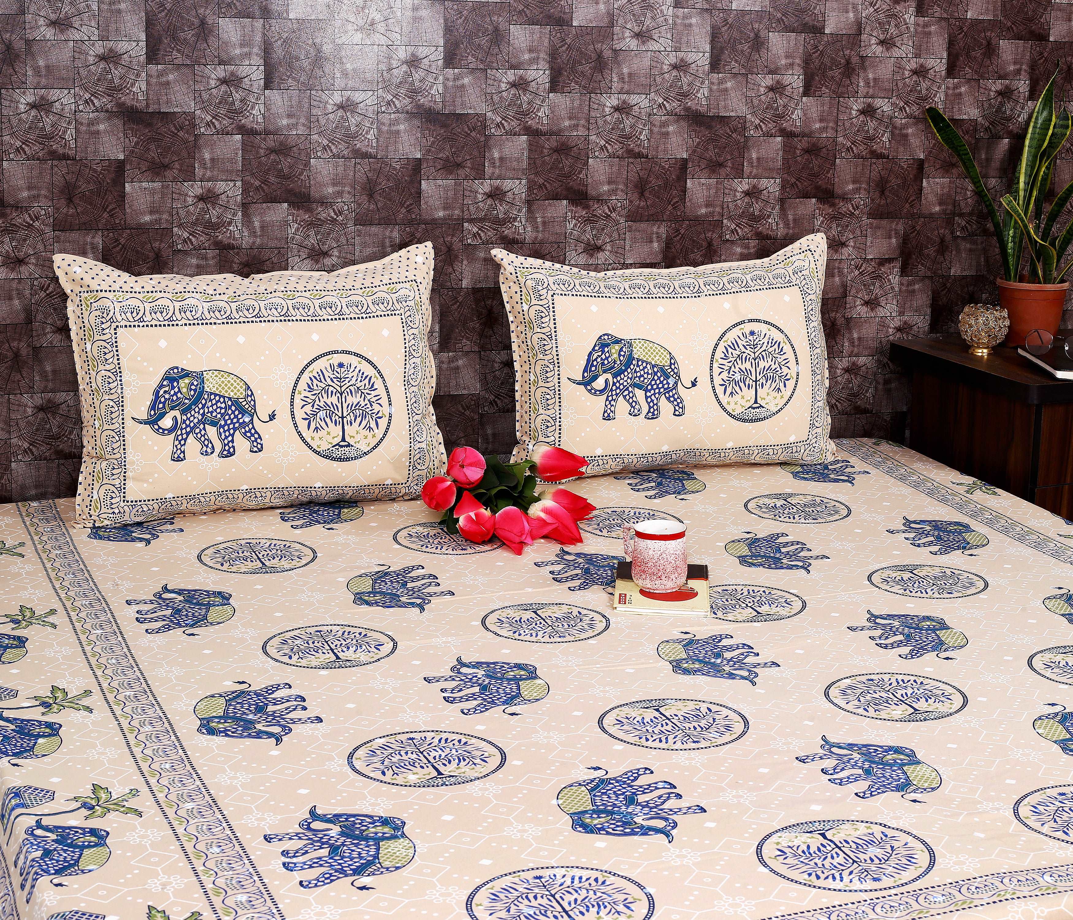 Indigo Sole Elephant Print King Size Cotton Bedsheet