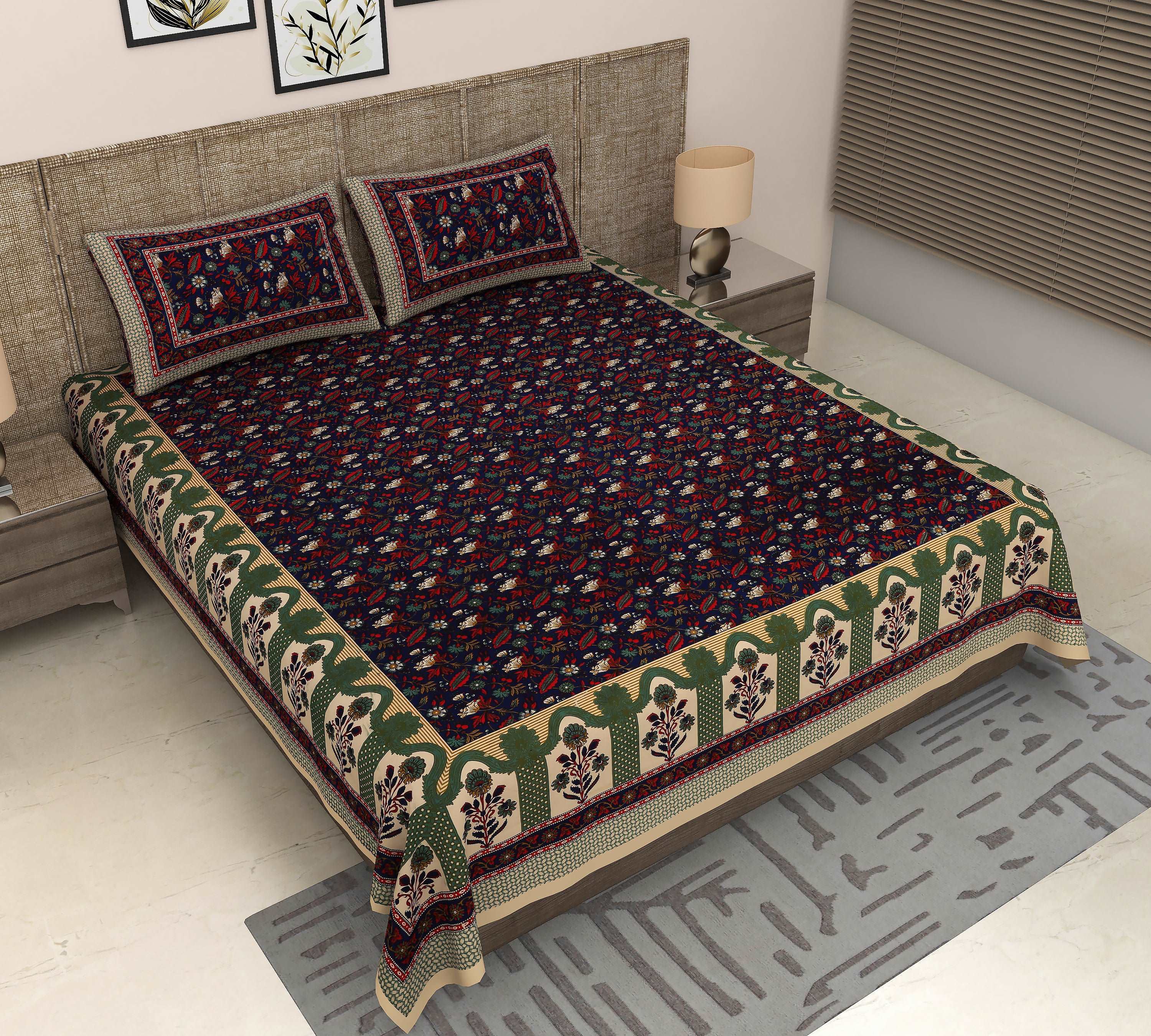 Jaipur Bloom: King Size Cotton Bedsheet Featuring Kalamkari Floral Print in Blue