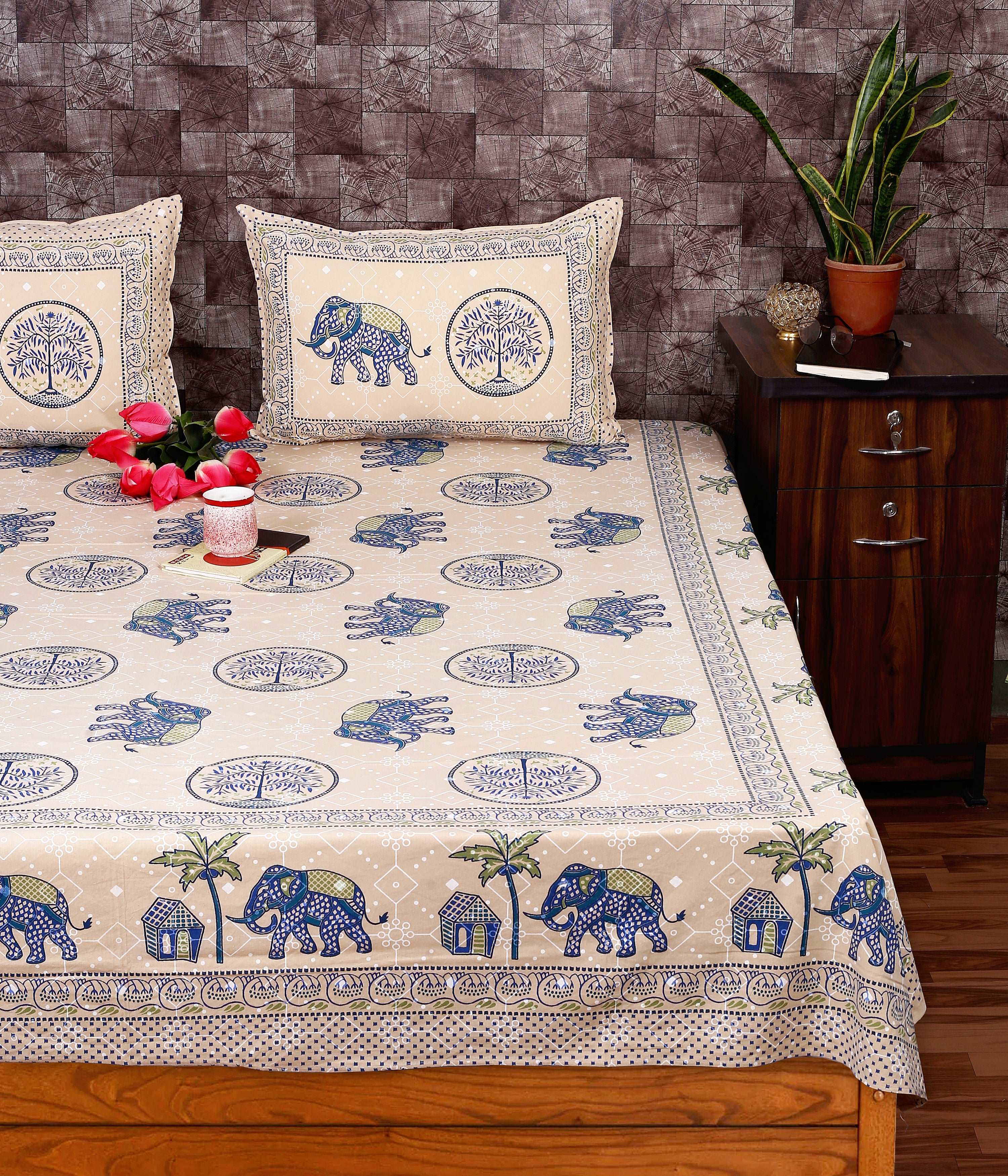 Indigo Sole Elephant Print King Size Cotton Bedsheet