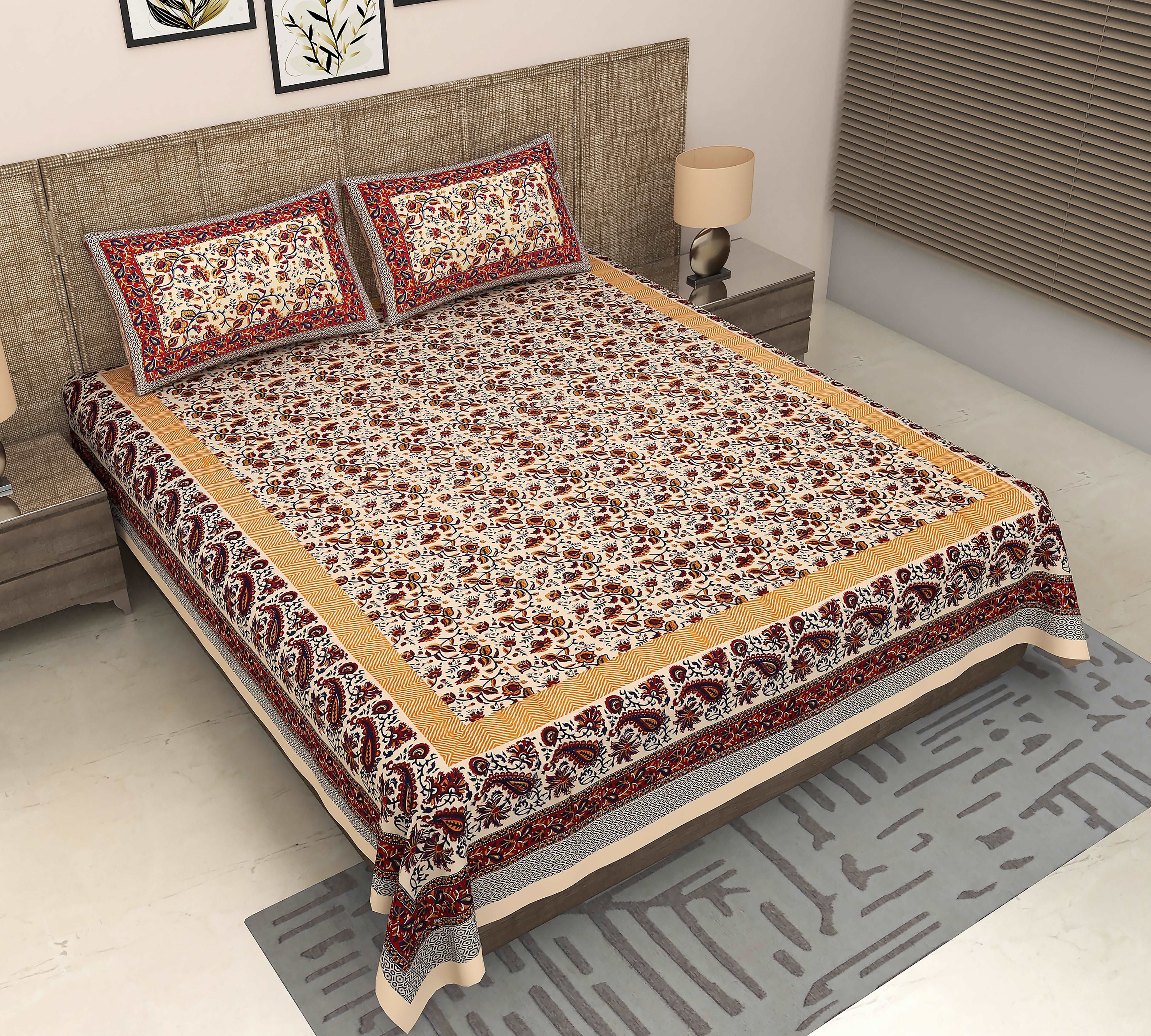 Golden Garden: King Size Kalamkari Floral Print Bedsheet in Yellow