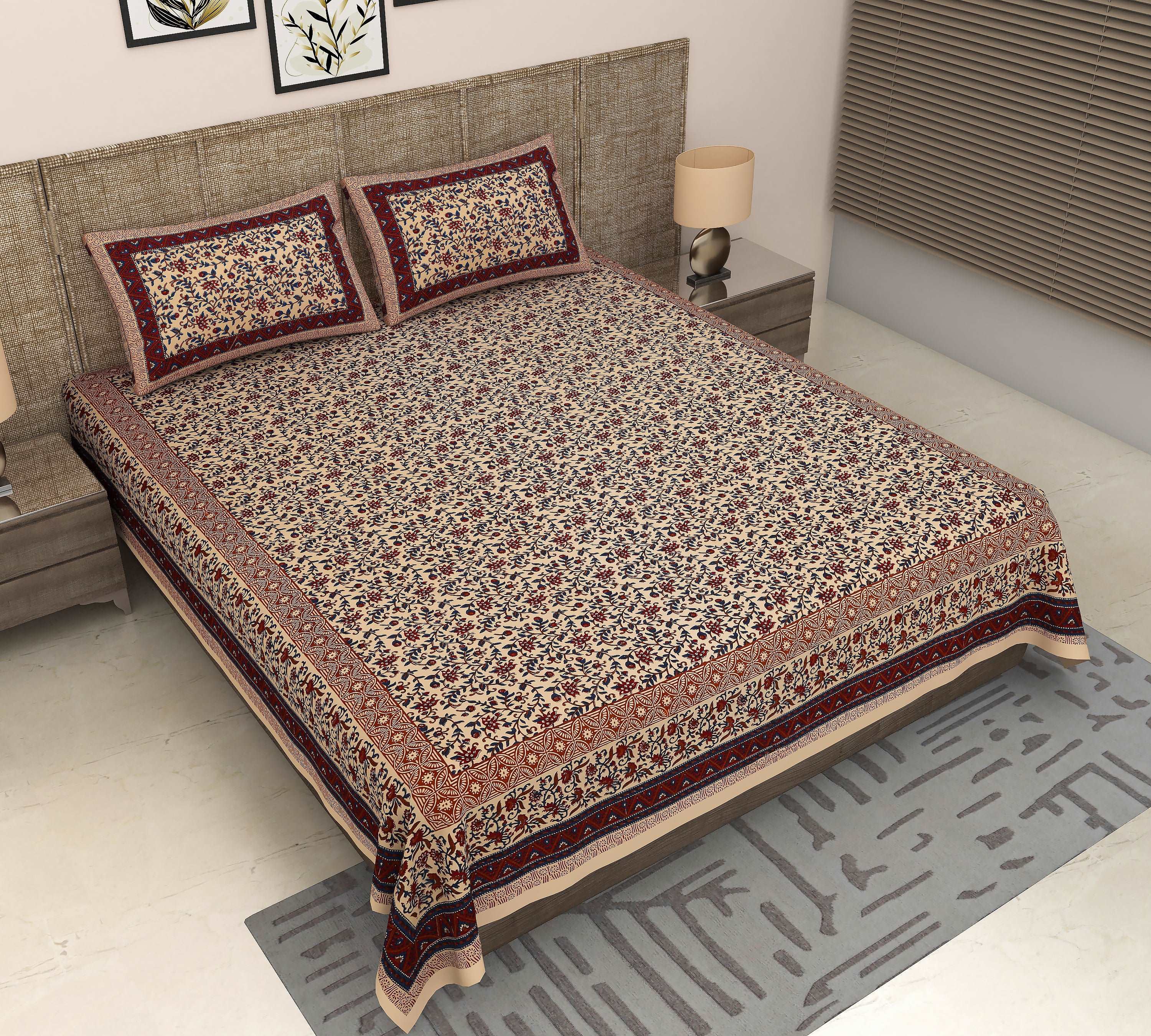 Floral Symphony: Jaipuri Kalamkari King Size Cotton Bedsheet