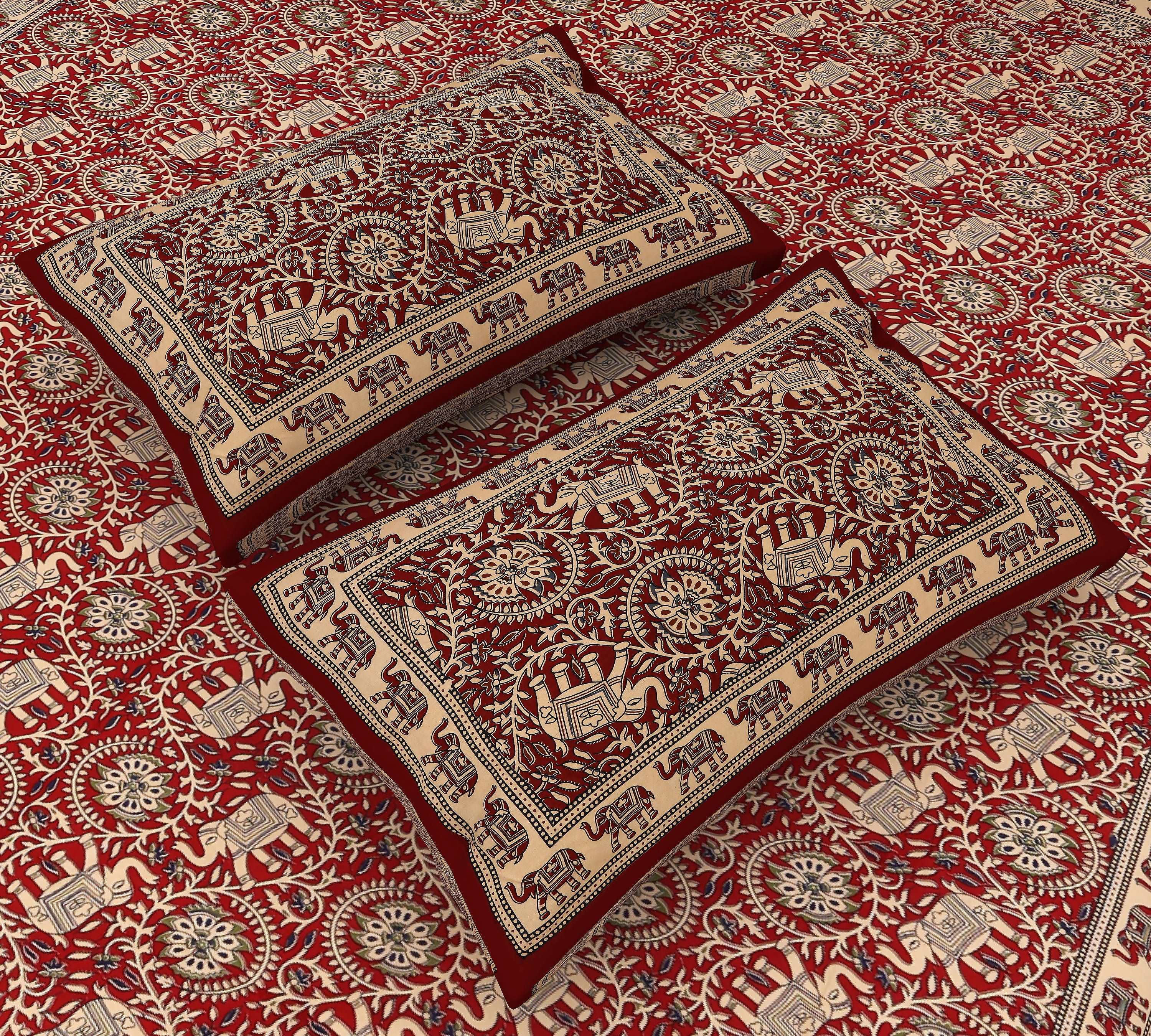 Enchanted Bagru Gardens: King Size Maroon Bedsheet with Floral and Elephant Print