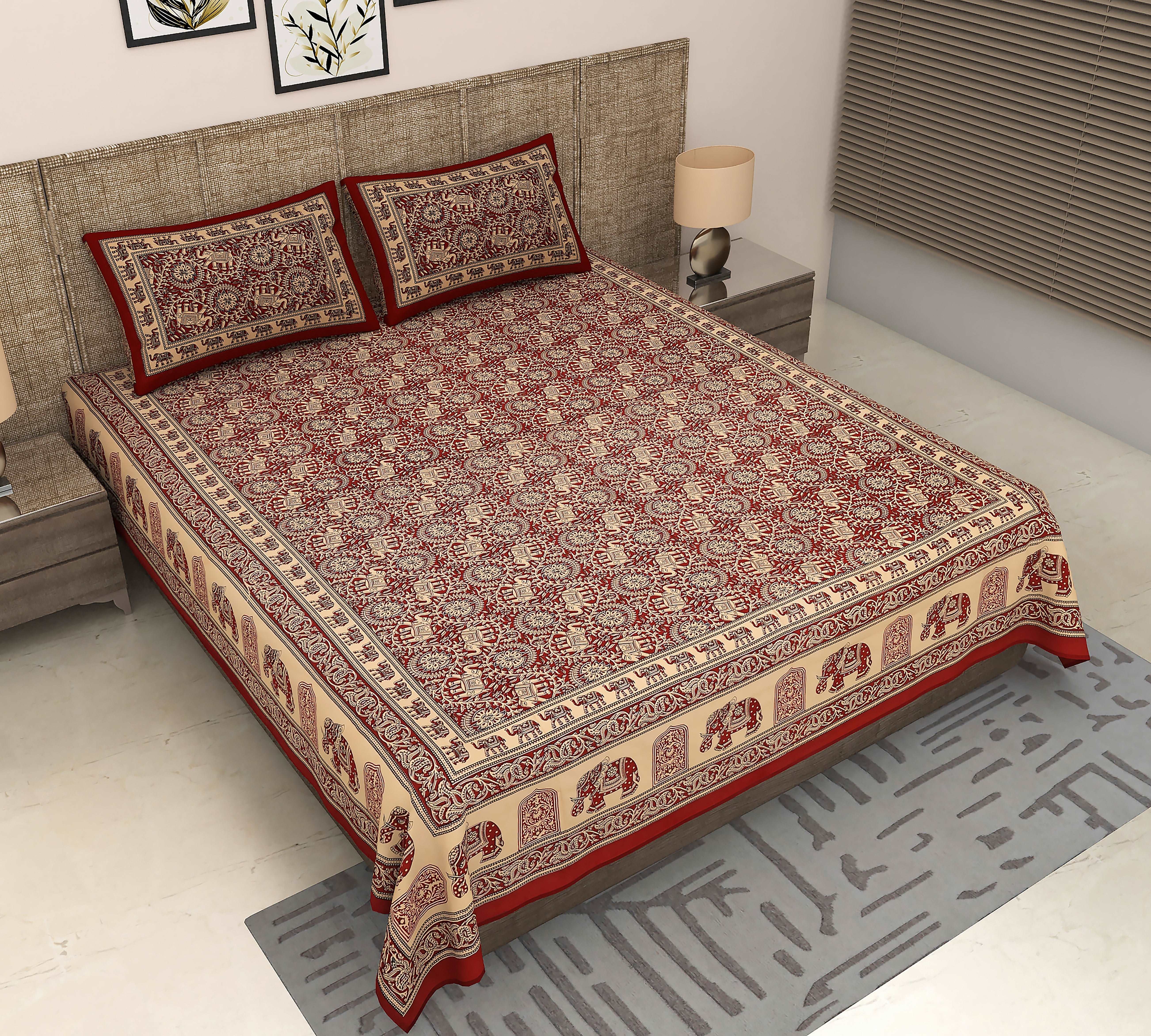 Enchanted Bagru Gardens: King Size Maroon Bedsheet with Floral and Elephant Print