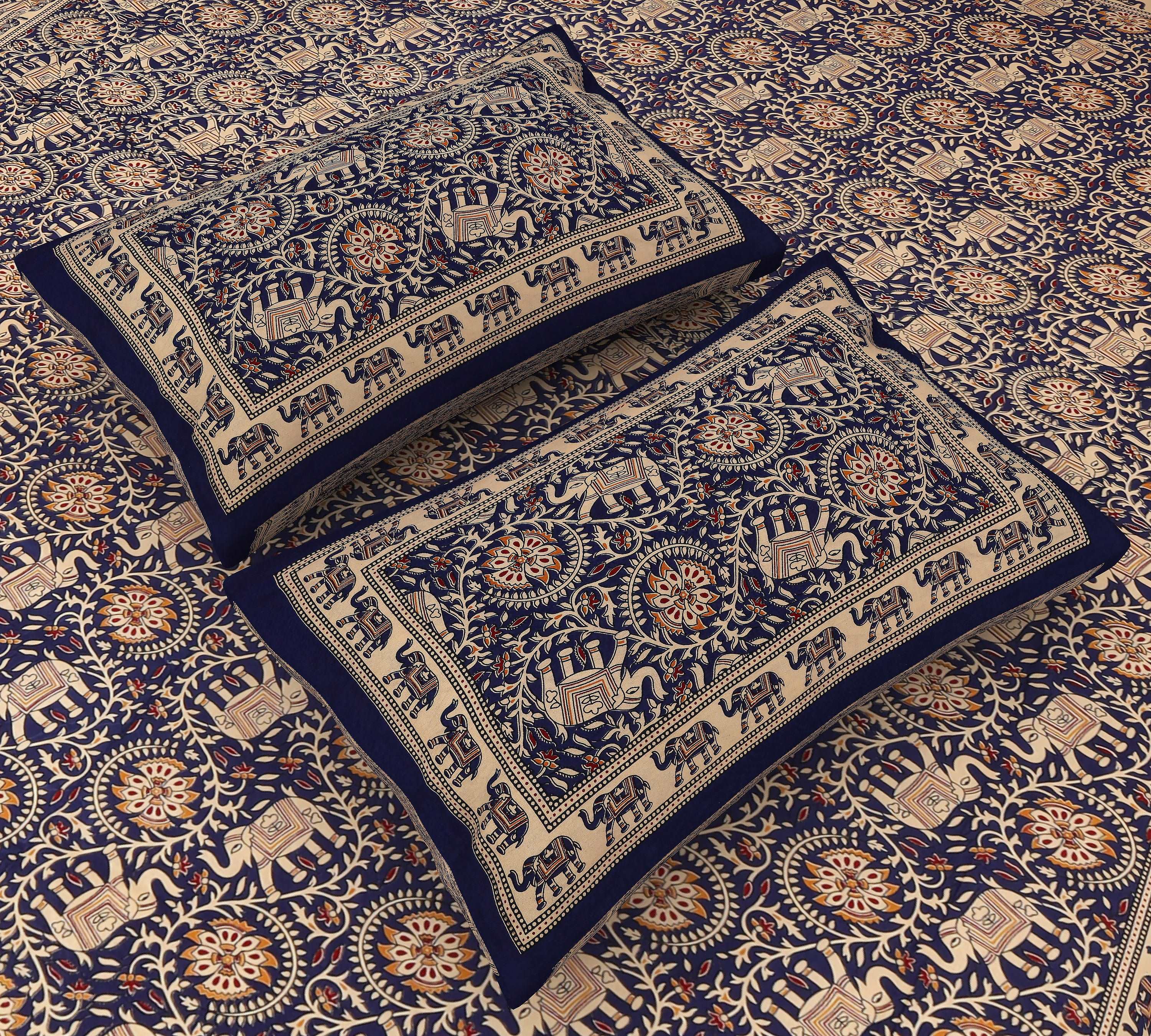 Blue Haven: King Size Bagru Printed Bedsheet with Floral and Elephant Motifs