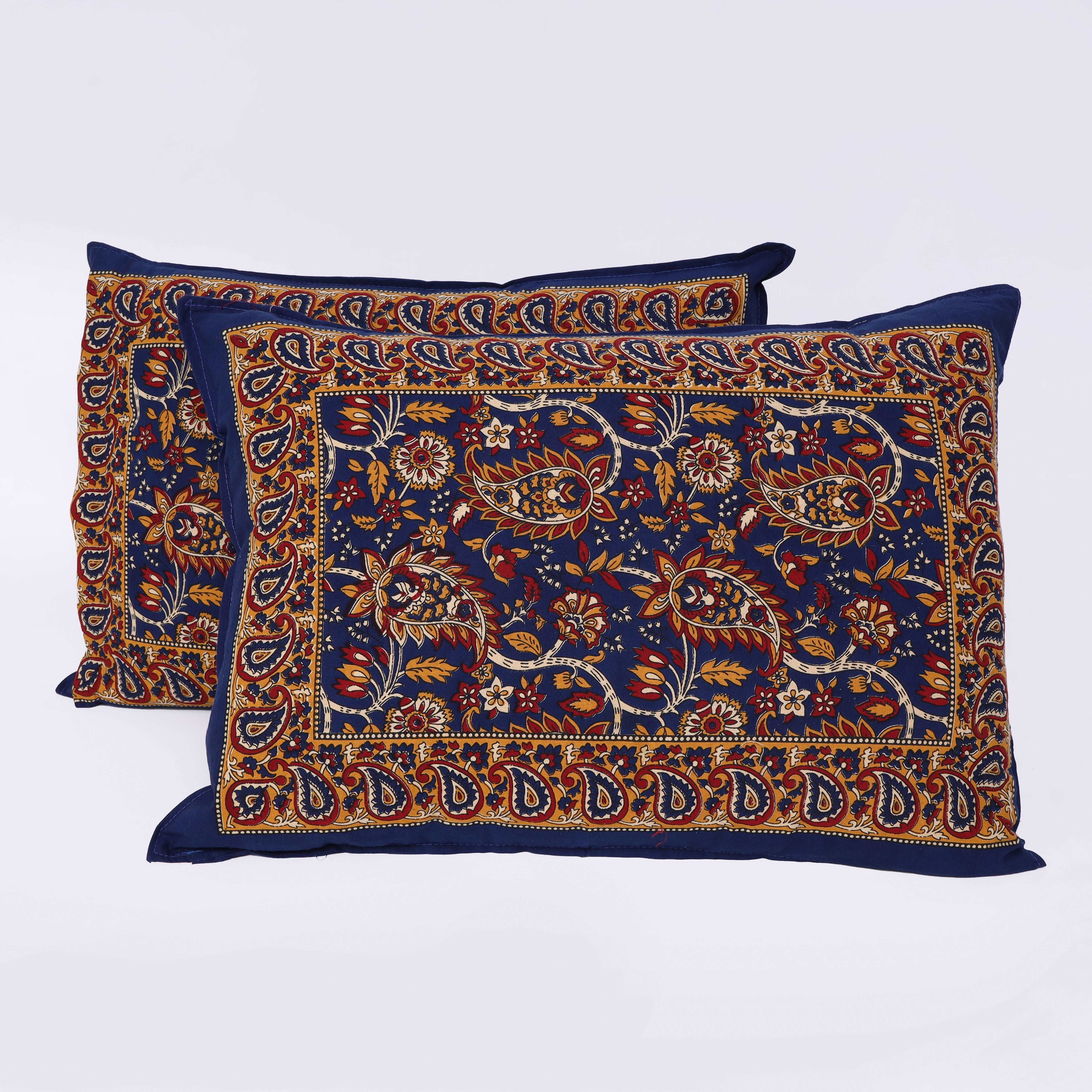 Blue Blossom: Jaipuri Kalamkari Floral King Size Bedsheet in Sanganeri Print Cotton