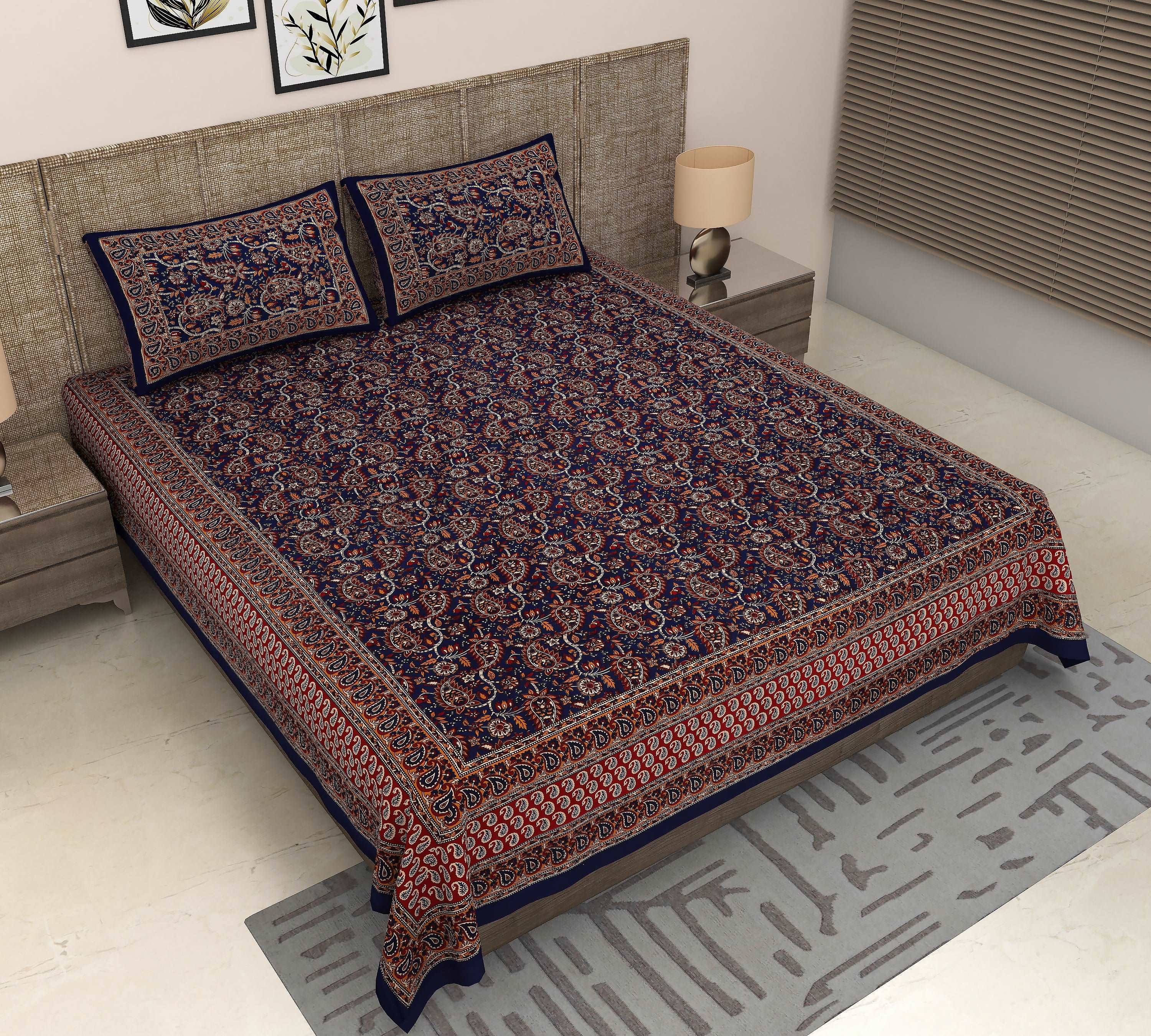 Blue Blossom: Jaipuri Kalamkari Floral King Size Bedsheet in Sanganeri Print Cotton