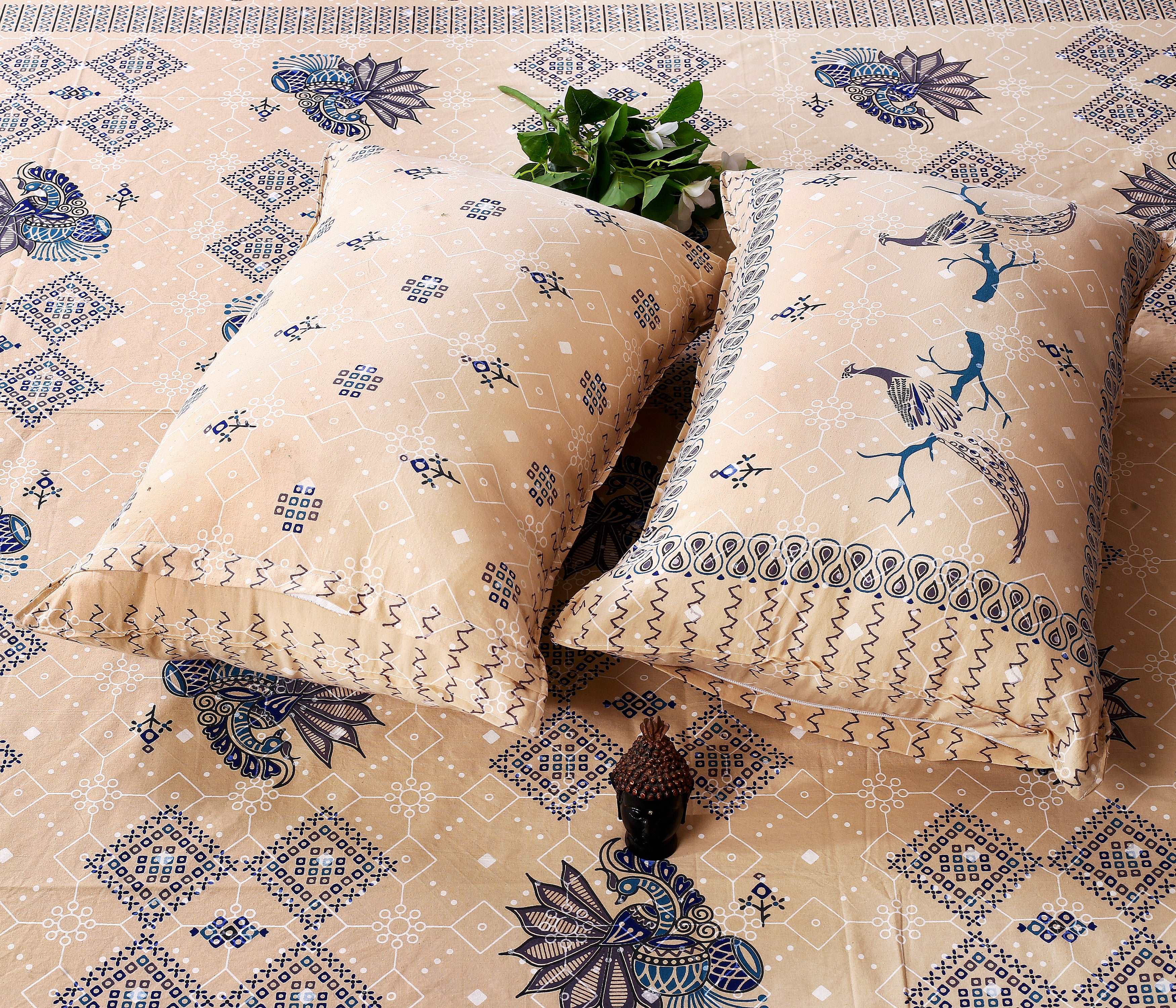 Bagru Peacock Bird Printed Indigo Sole King Size Cotton Bedsheet by Srishti Textile