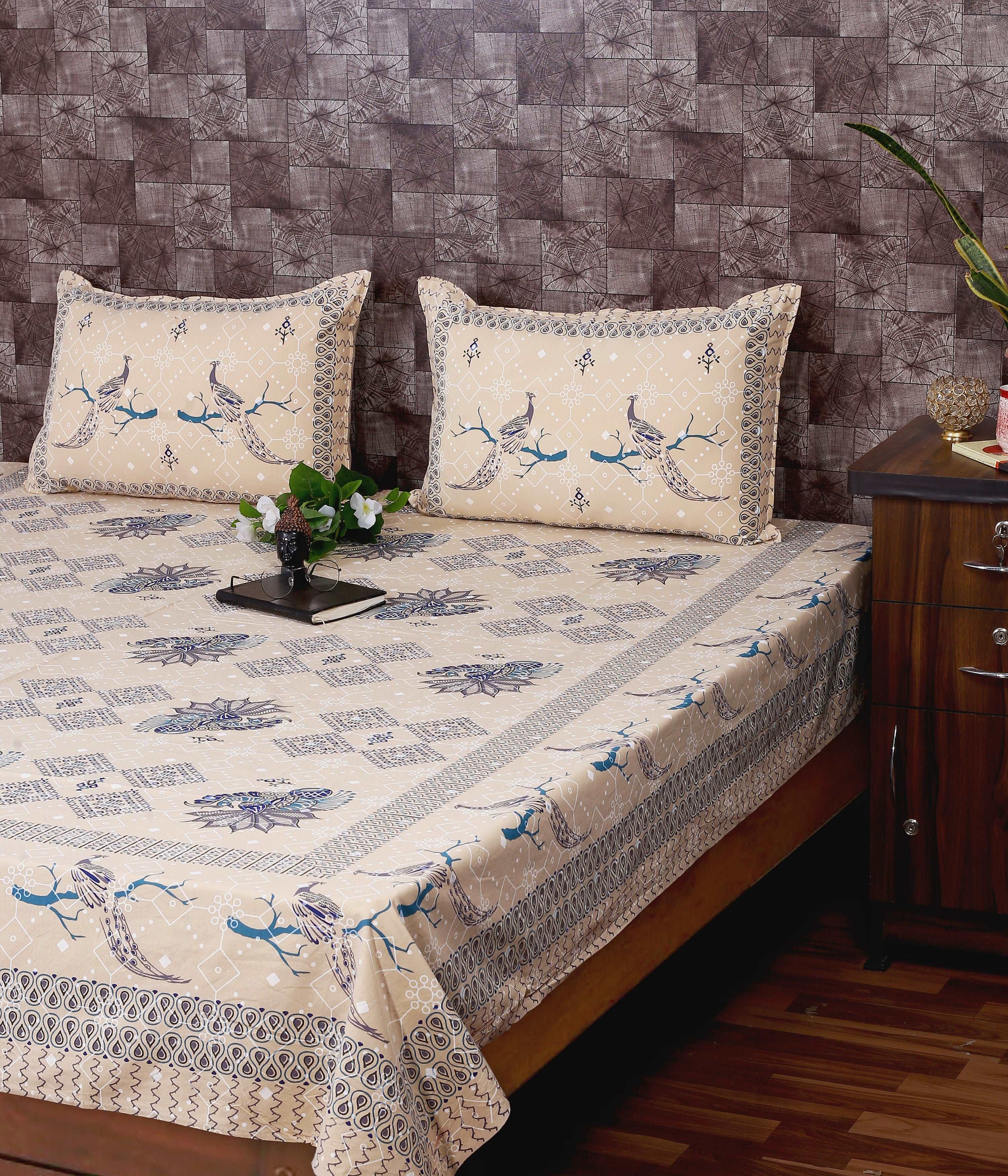 Bagru Peacock Bird Printed Indigo Sole King Size Cotton Bedsheet by Srishti Textile