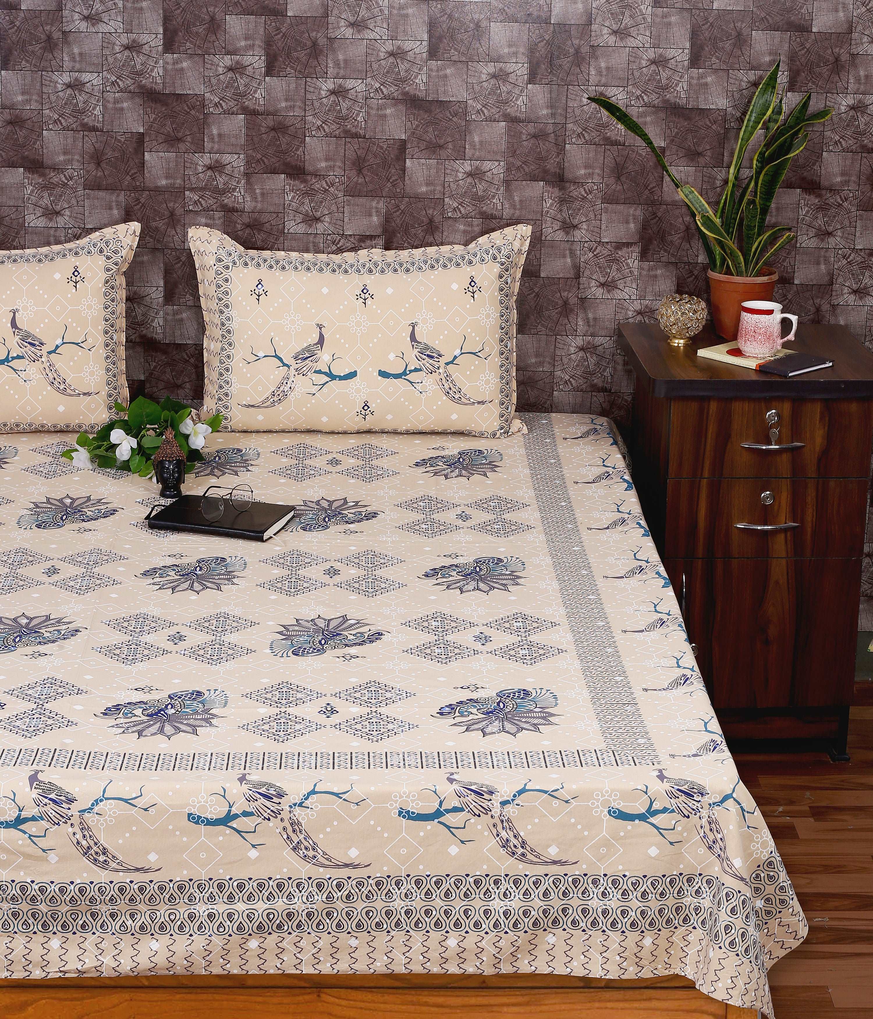 Bagru Peacock Bird Printed Indigo Sole King Size Cotton Bedsheet by Srishti Textile